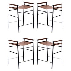 Set of 4 Contemporary Counter Bar Stool Dark Brown Leather Black Rubber Metal