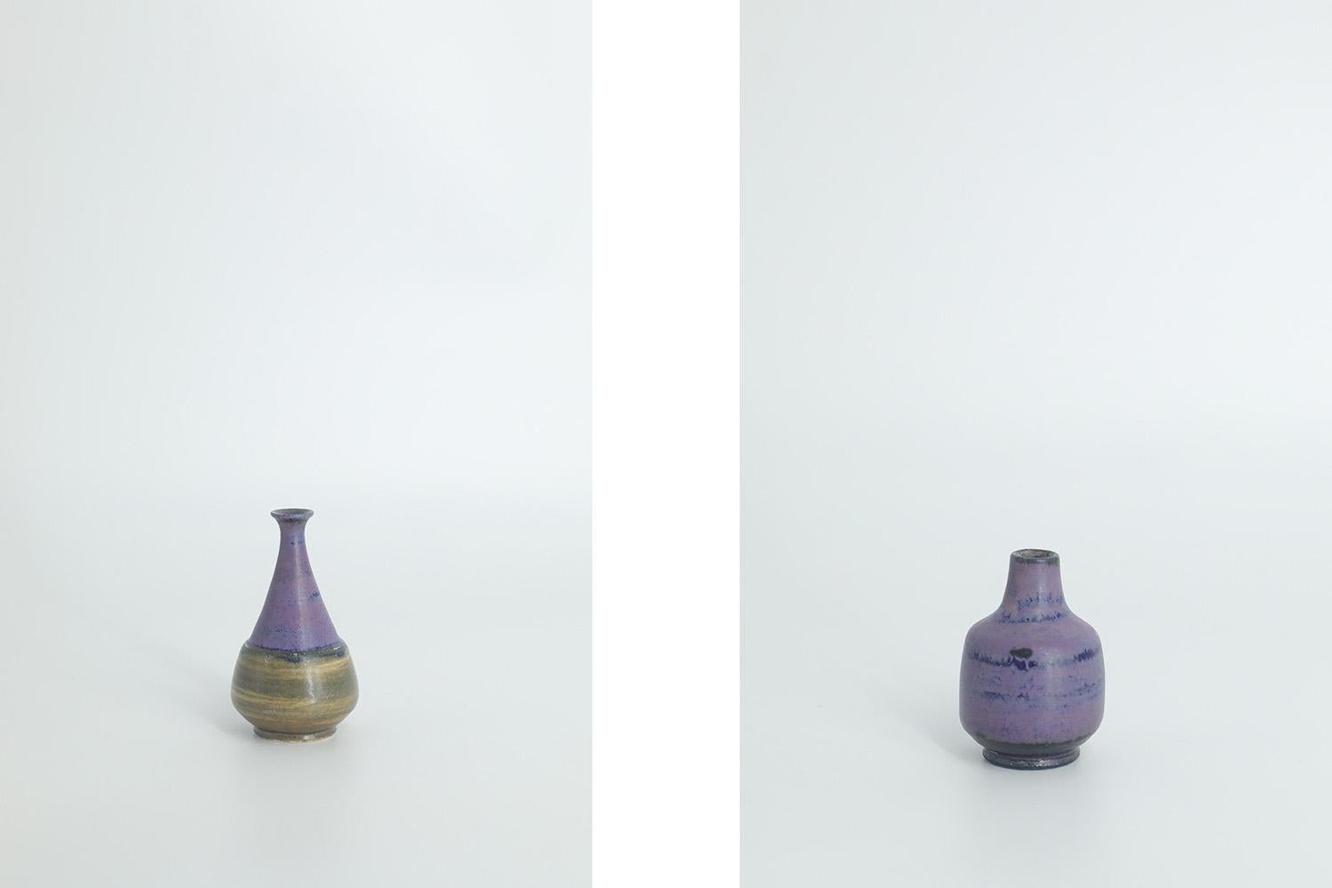 Set of 4Small MidCentury Swedish Modern Collectible Brown&Purple Stoneware Vases In Excellent Condition For Sale In Warszawa, Mazowieckie