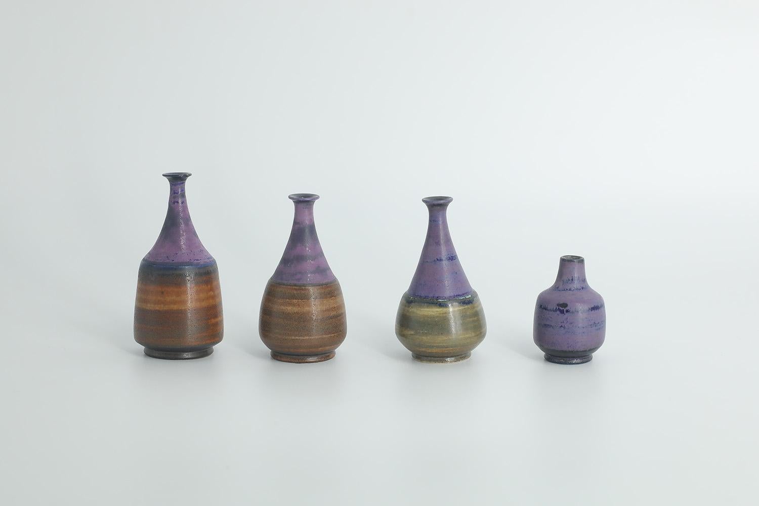 Set of 4Small MidCentury Swedish Modern Collectible Brown&Purple Stoneware Vases For Sale 1