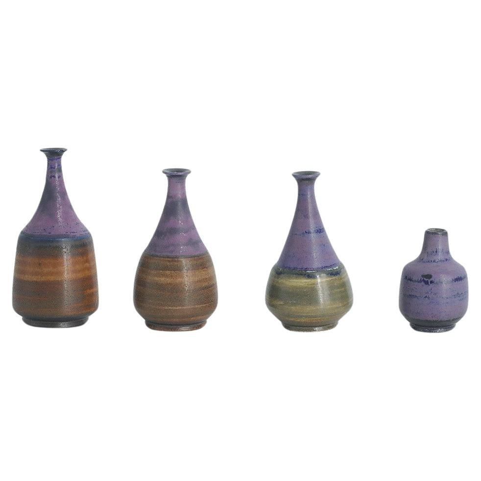 Set of 4Small MidCentury Swedish Modern Collectible Brown&Purple Stoneware Vases For Sale