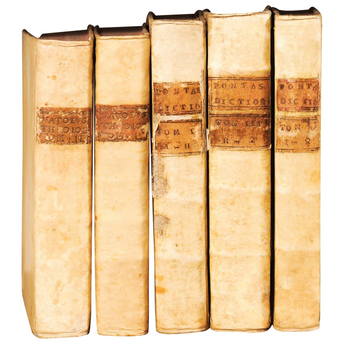 Set of 5 18th Century Italian Vellum Bound Books in Cream Color
