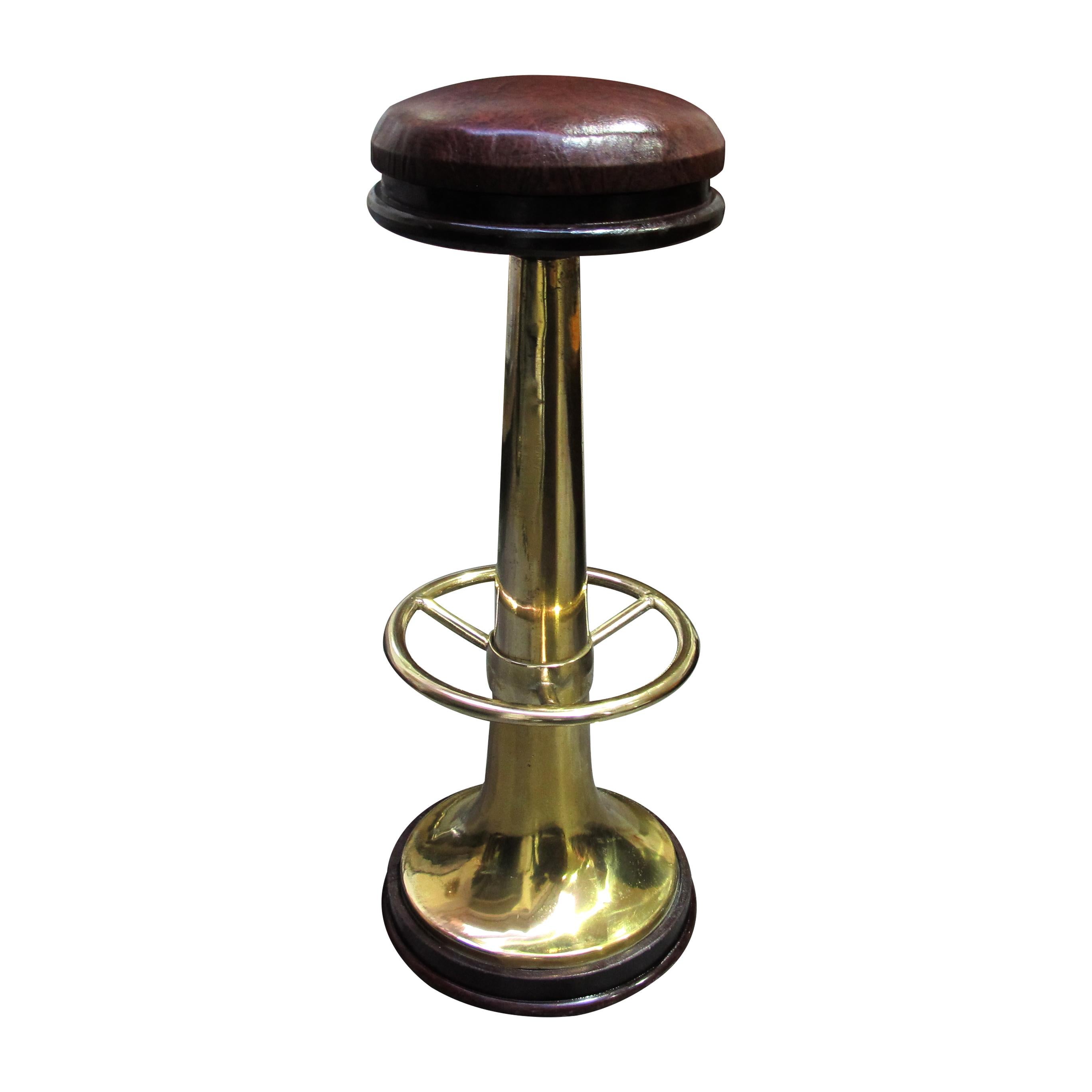Other Set of 5 1950s Norwegian Solid Brass and Mahogany Swivel Nautical Bar Stools