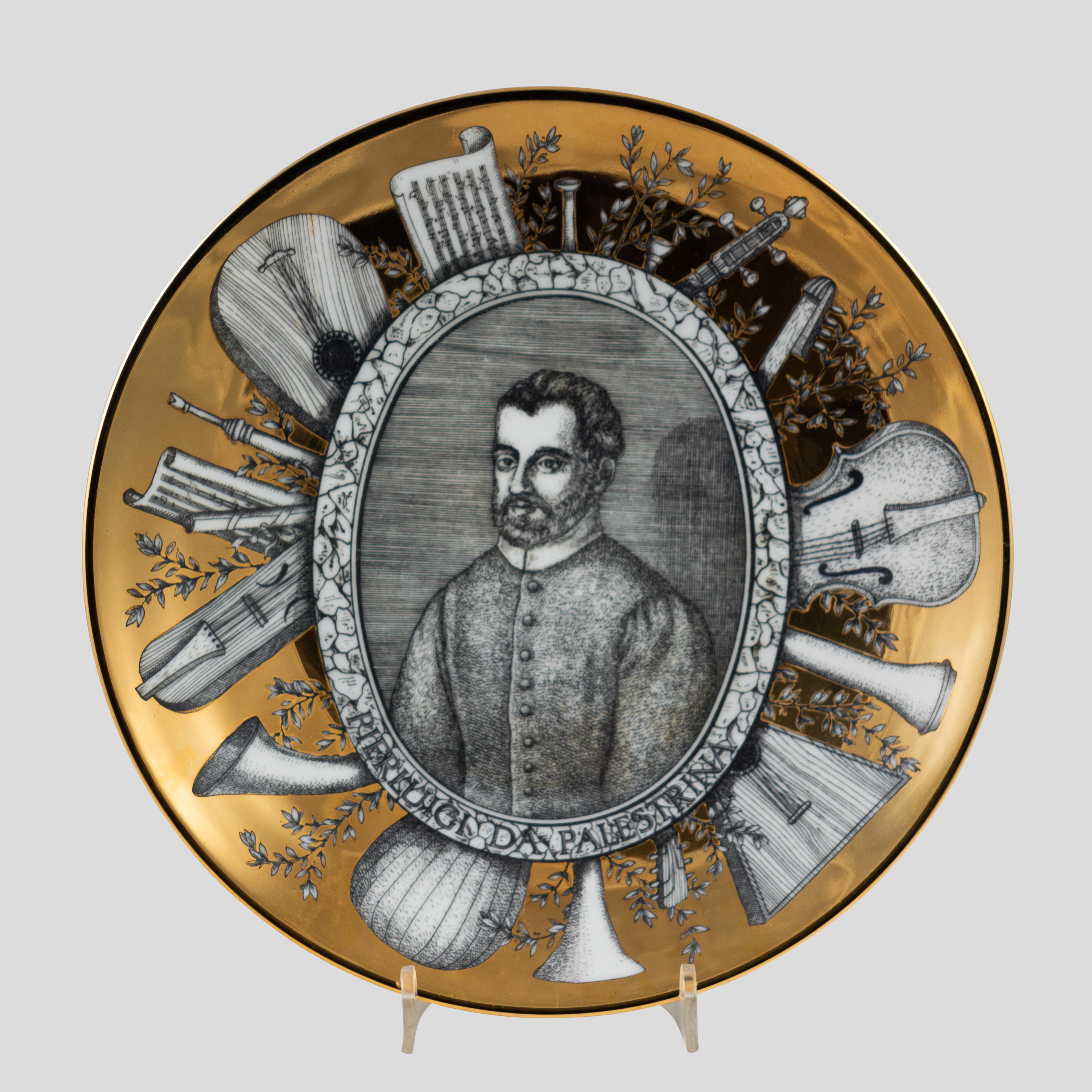 Set of 5 1950s Piero Fornasetti Grandi Maestri Gold Ceramic Plates For Sale 4