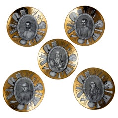 Set of 5 1950s Piero Fornasetti Grandi Maestri Gold Ceramic Plates