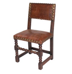 Set of 5 1950s Spanish Leather & Wood Chairs w/ Nailhead Trim
