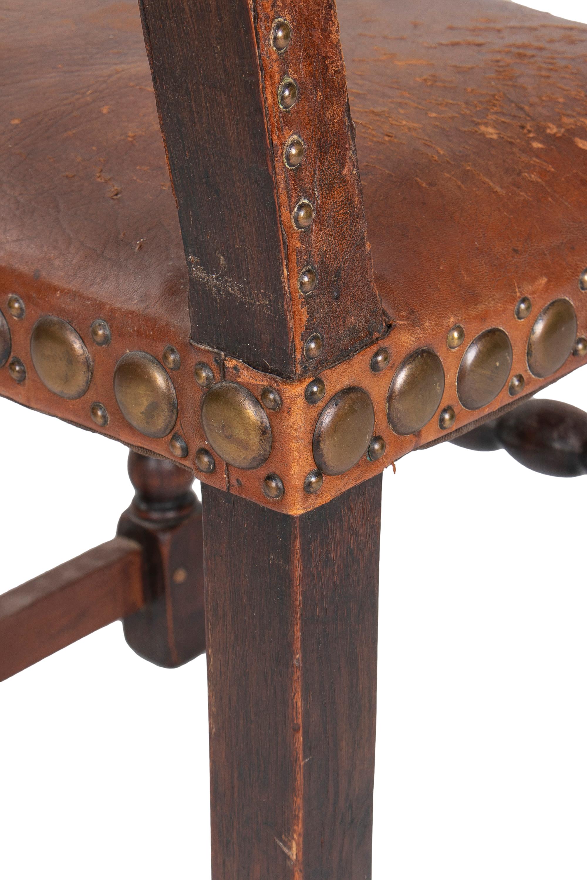 20th Century Set of 5 1950s Spanish Leather & Wood Chairs w/ Nailhead Trim