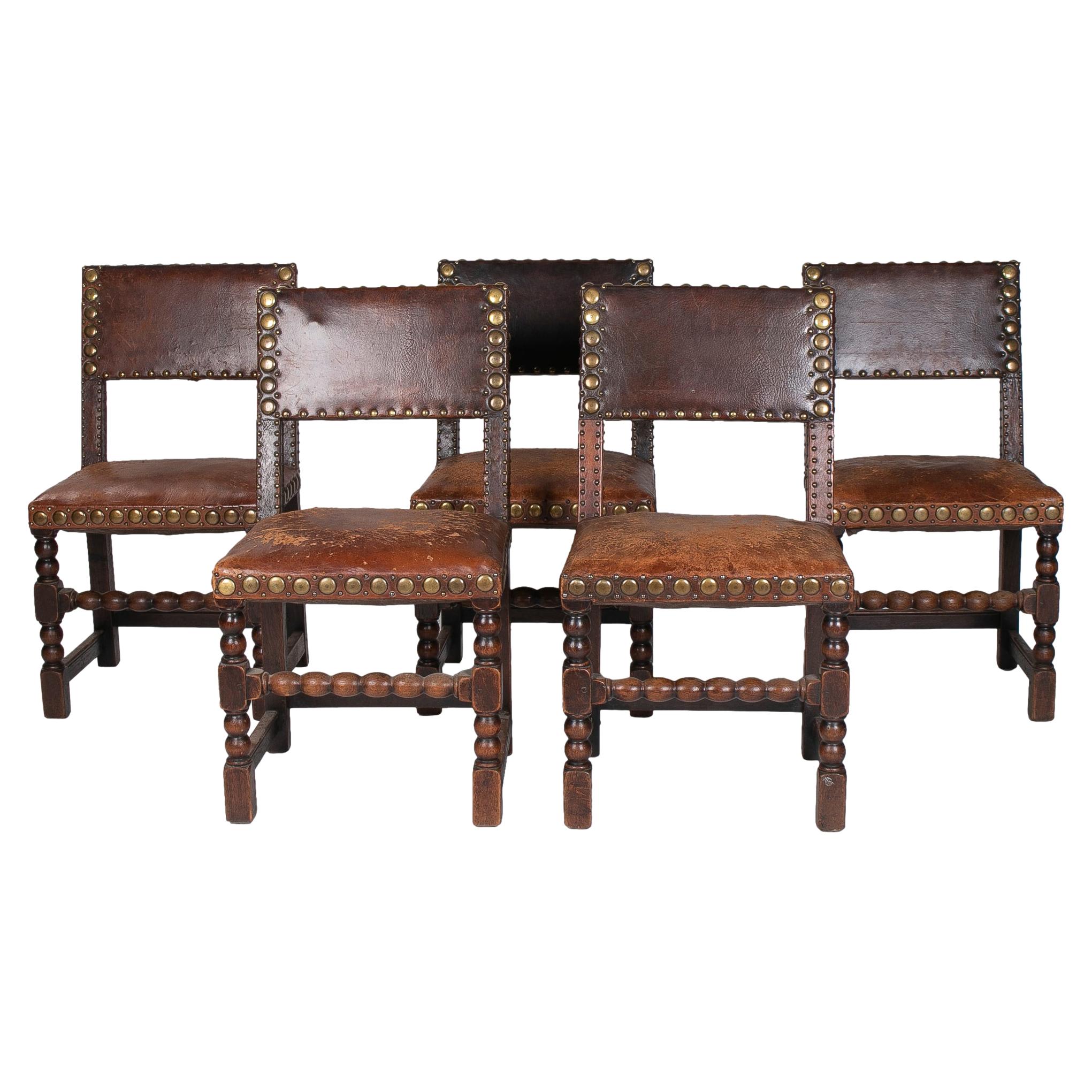 Set of 5 1950s Spanish Leather & Wood Chairs w/ Nailhead Trim
