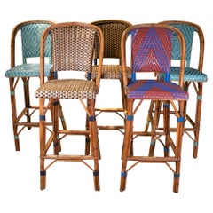 Set of 5 1990s French Woven Wicker & Bamboo Tall Stools w/ Backrest