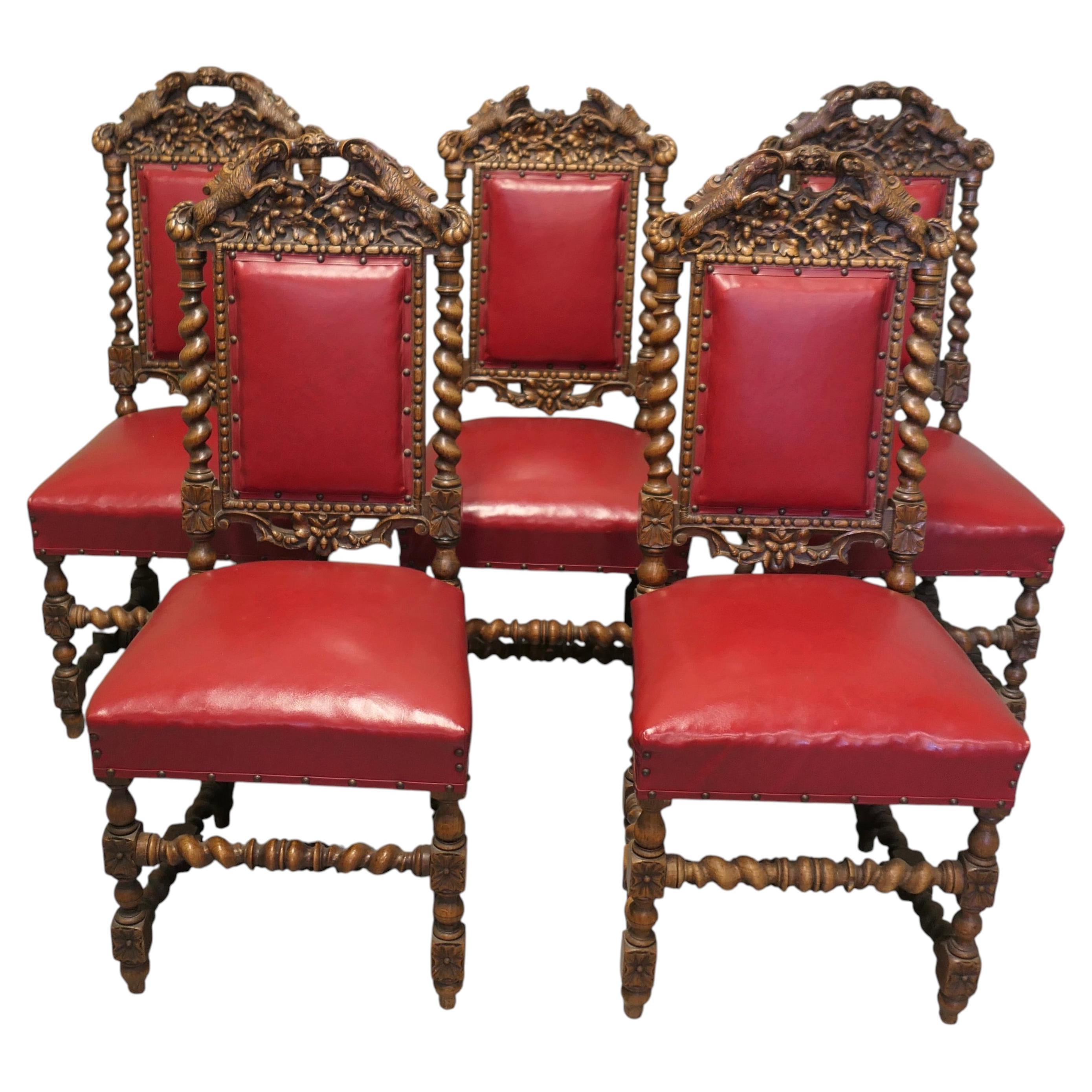 Set of 5 19th Century Black-forest Carved Oak Dining Chairs For Sale