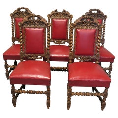 Set of 5 19th Century Black-forest Carved Oak Dining Chairs