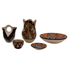 Used Set of 5 Acoma Pueblo New Mexico Dean Reano w/ Signed Jemez Earthenware Pottery