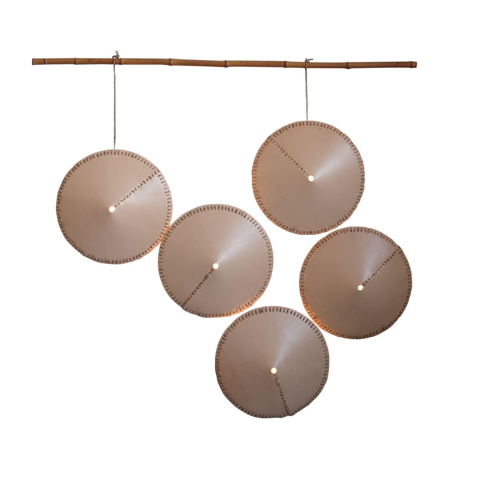 Set of 5 Alp wall lights 335 by Alp Design
Designer: Annick L Petersen.
Dimensions: Ø 42 x H 8 cm (each).
Material: natural tan leather stitched with sea grass cord.

All our lamps can be wired according to each country. If sold to the USA it