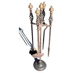 Set of 5 American Art Deco Brass Mushroom Head and Iron Fireplace Tools w/Stand