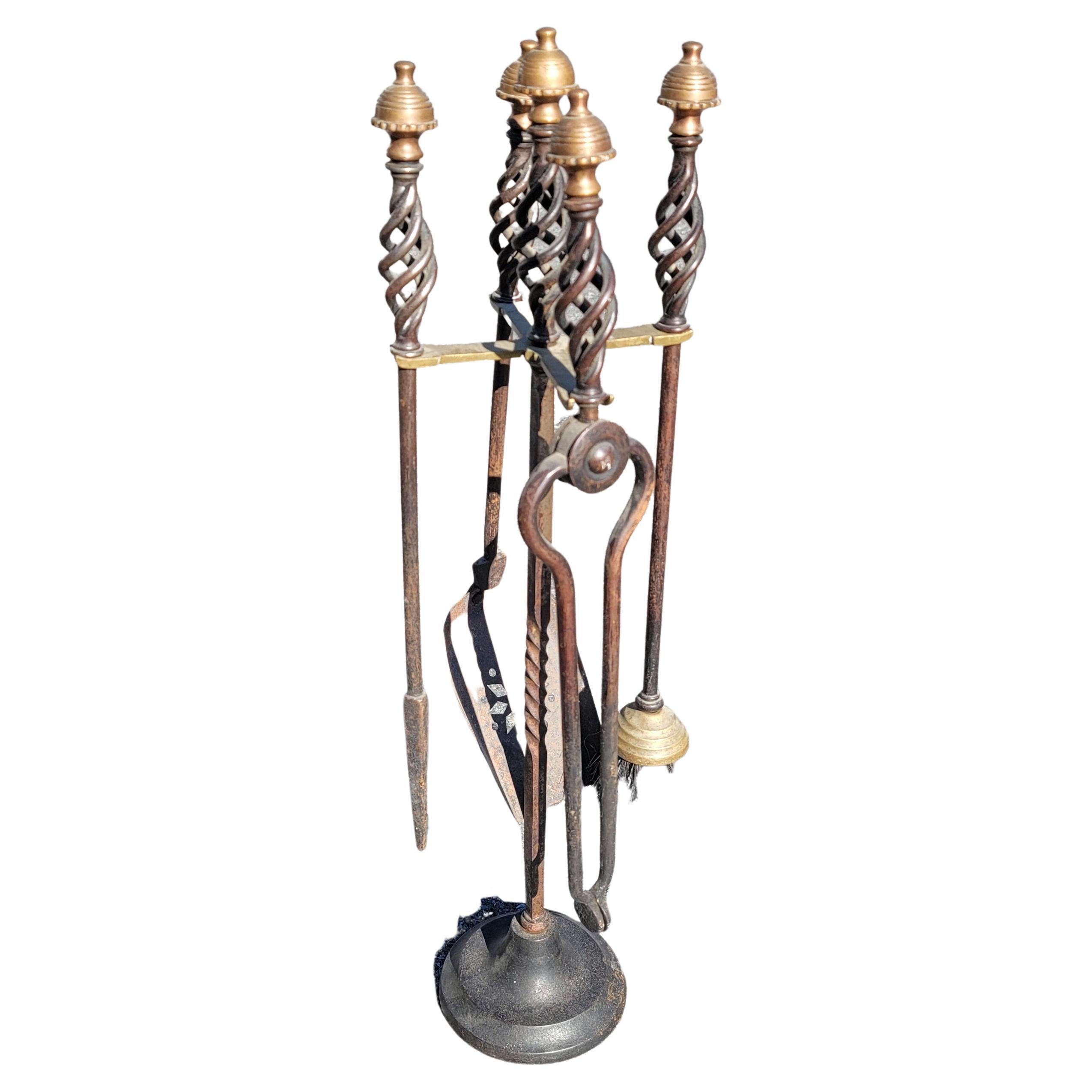 Metalwork Set of 5 American Art Deco Brass Mushroom Head and Iron Fireplace Tools w/Stand  For Sale