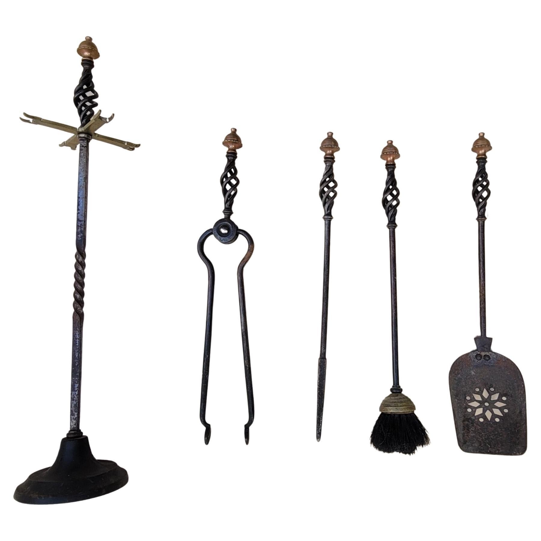 20th Century Set of 5 American Art Deco Brass Mushroom Head and Iron Fireplace Tools w/Stand  For Sale