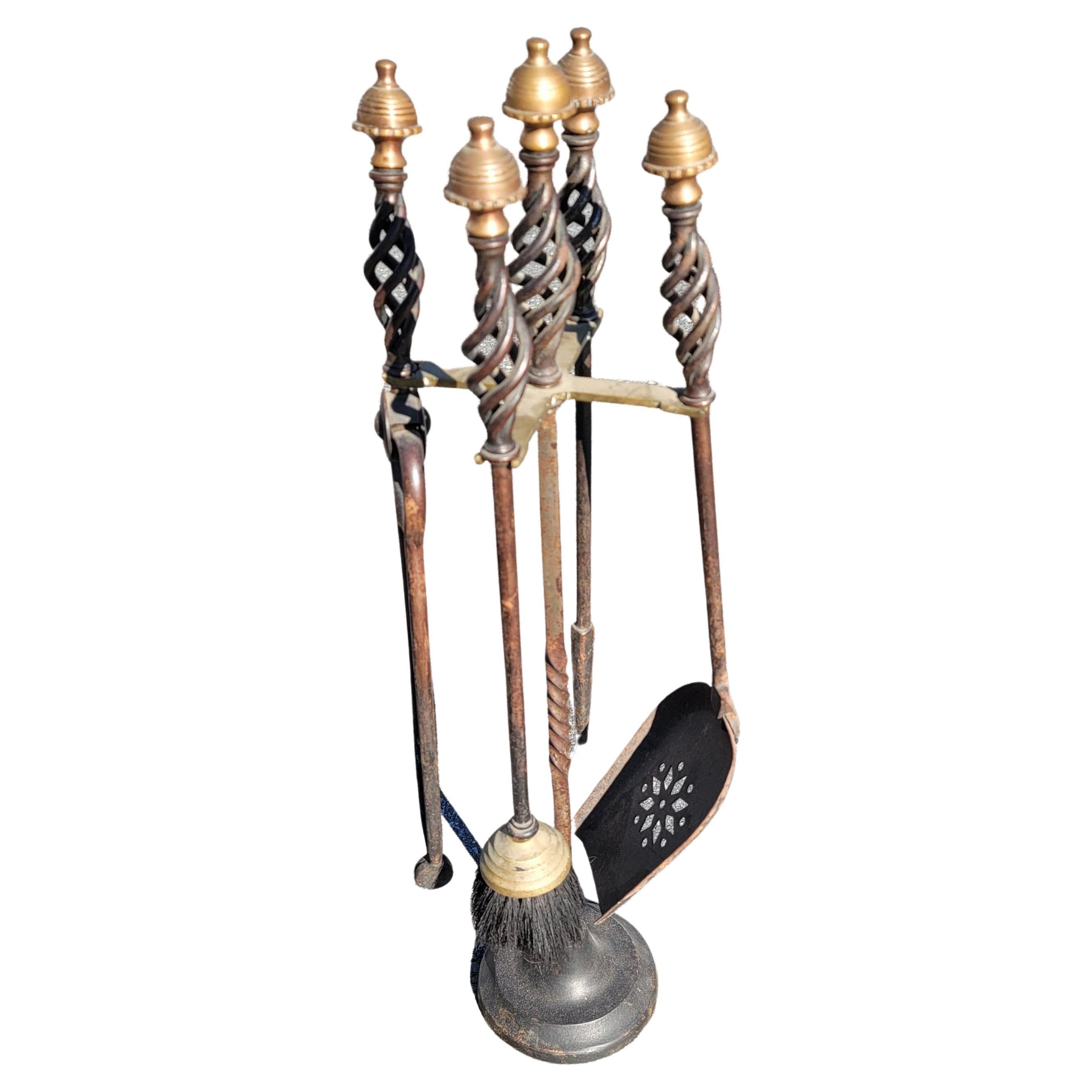 Set of 5 American Art Deco Brass Mushroom Head and Iron Fireplace Tools w/Stand 