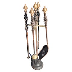 Antique Set of 5 American Art Deco Brass Mushroom Head and Iron Fireplace Tools w/Stand 