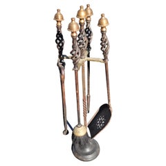 Antique Set of 5 American Art Deco Brass Mushroom Head and Iron Fireplace Tools w/Stand
