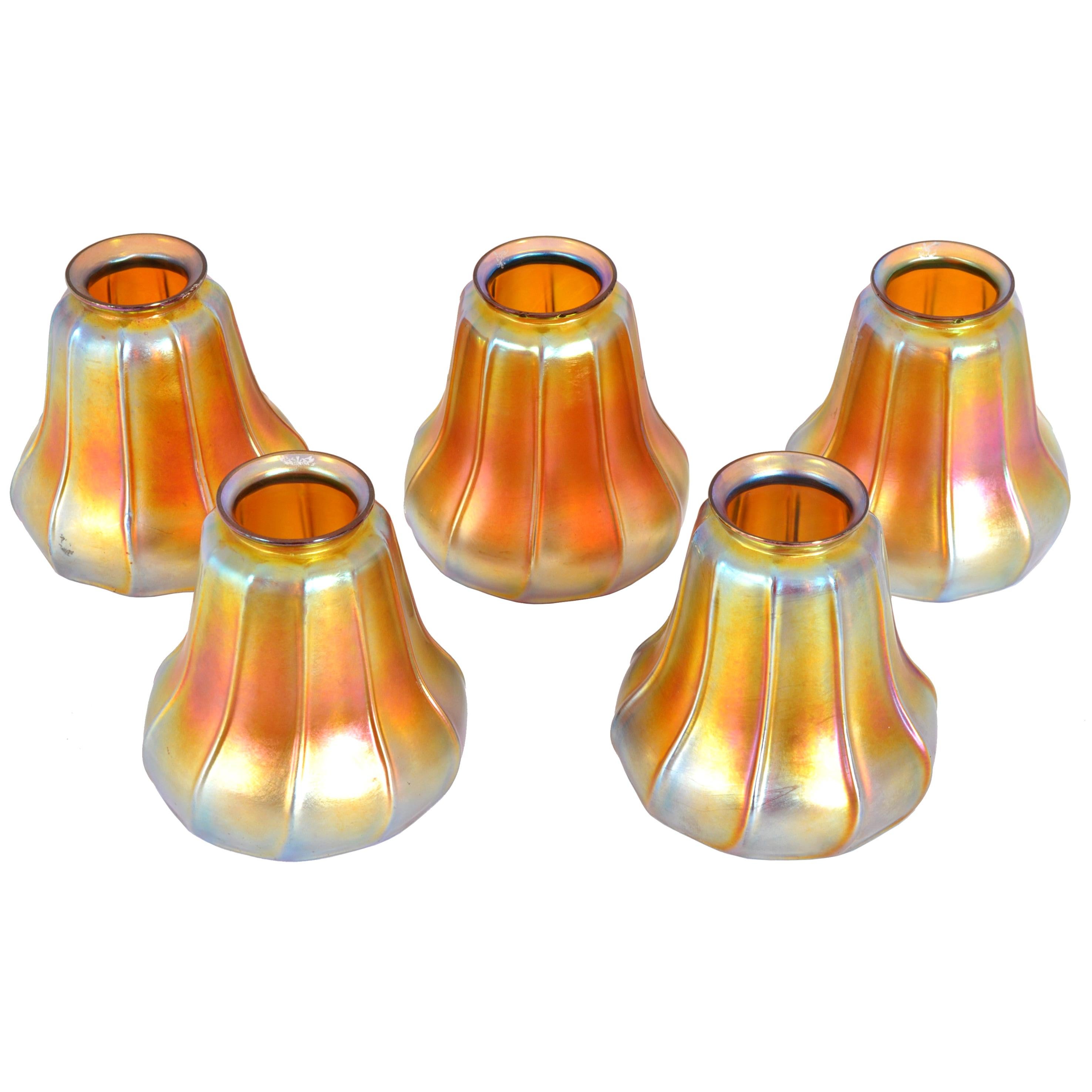 Set of 5 Antique American Steuben Art Nouveau Gold Aurene Glass Lamp Shades 1910