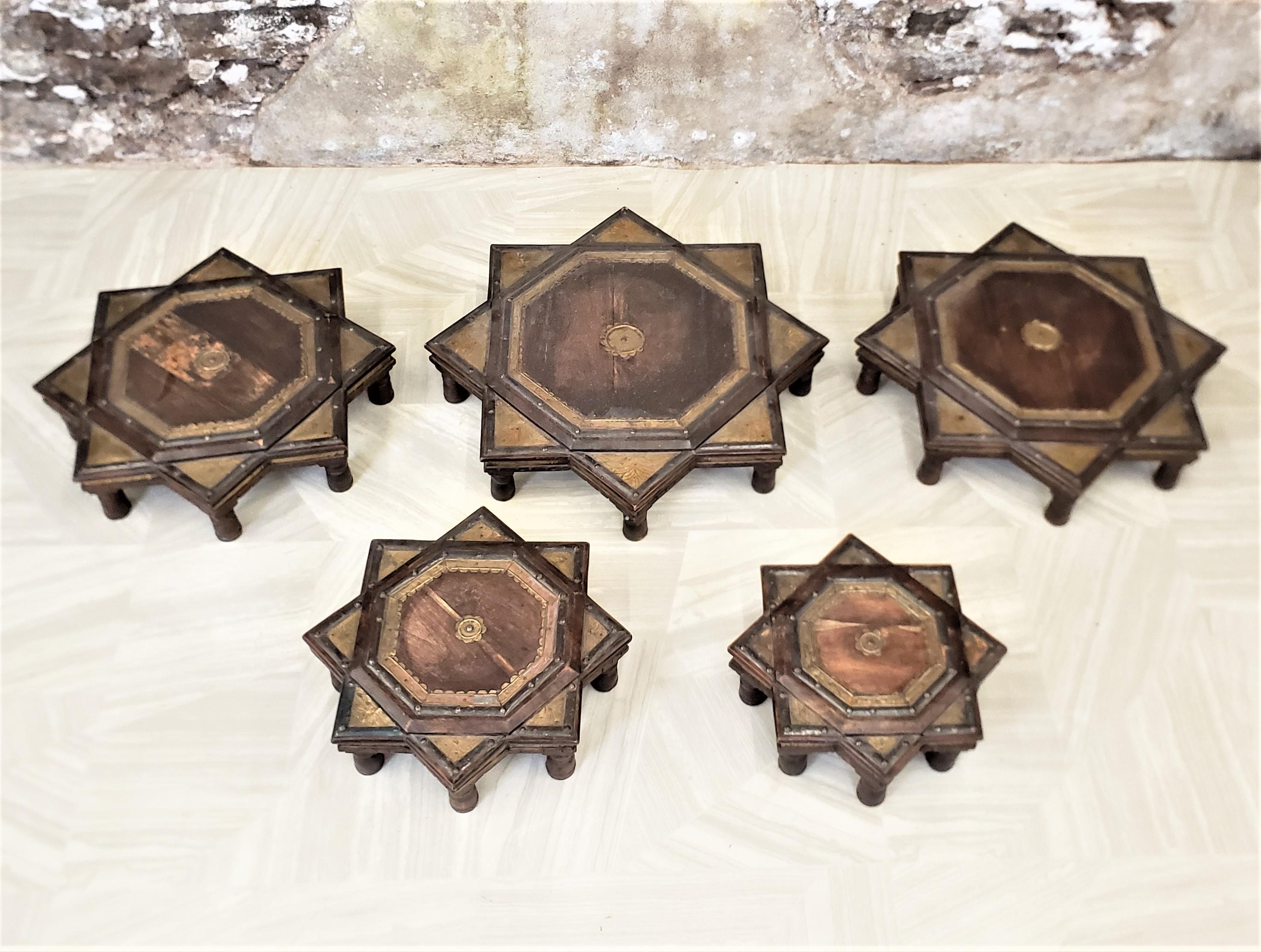 20th Century Set of 5 Antique Anglo-Indian Wood & Brass Accented Graduated Stacking Tables For Sale