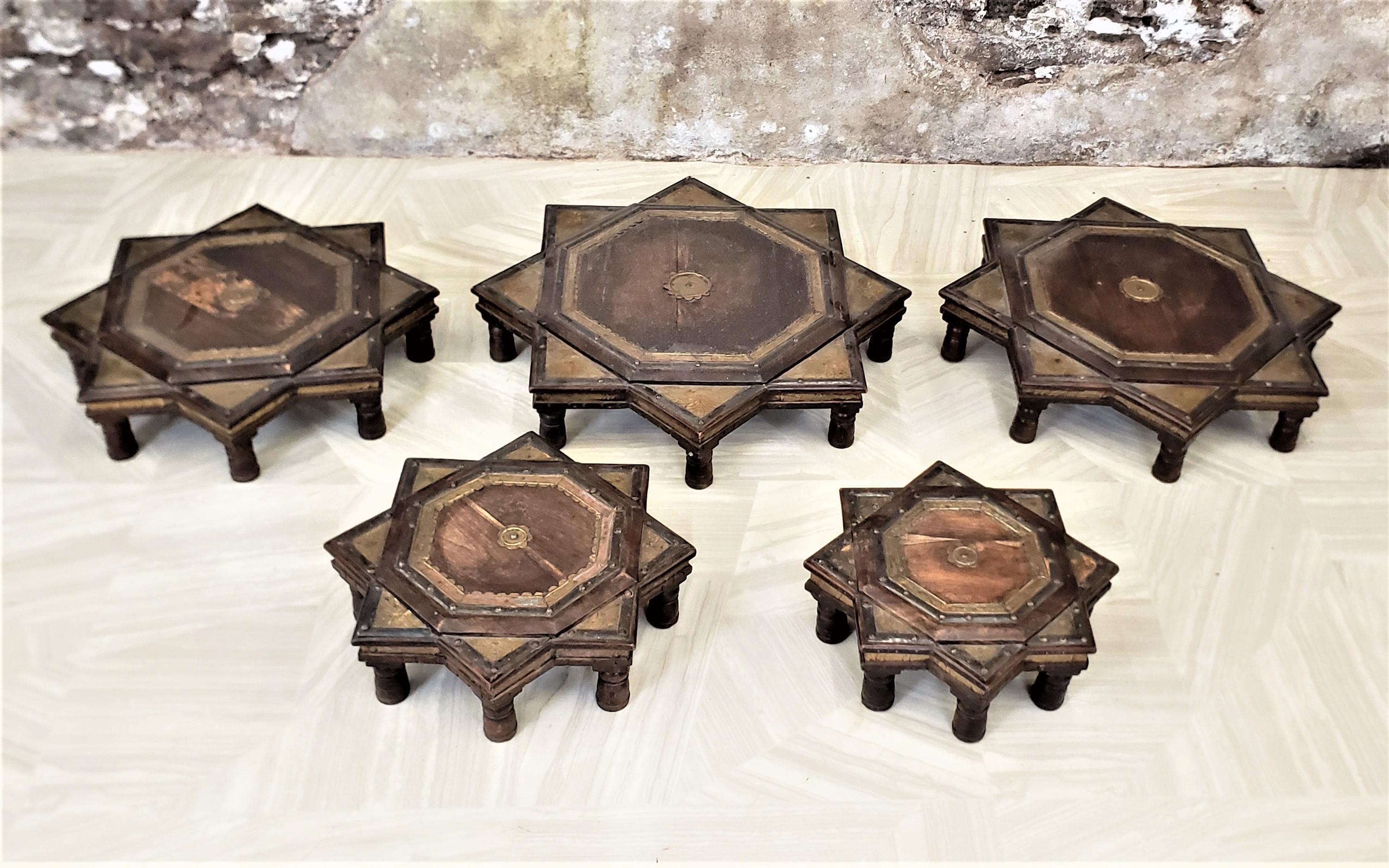 Set of 5 Antique Anglo-Indian Wood & Brass Accented Graduated Stacking Tables For Sale 1