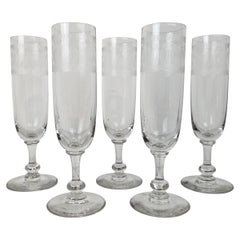 Set of 5 Antique Champagne Flutes with Etched Pattern, Circa 1900's