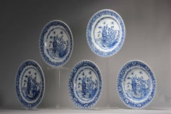 Juego de 5 Platos Antiguos de Porcelana China, Periodo Qing, Azul Blanco, Siglo XVIII