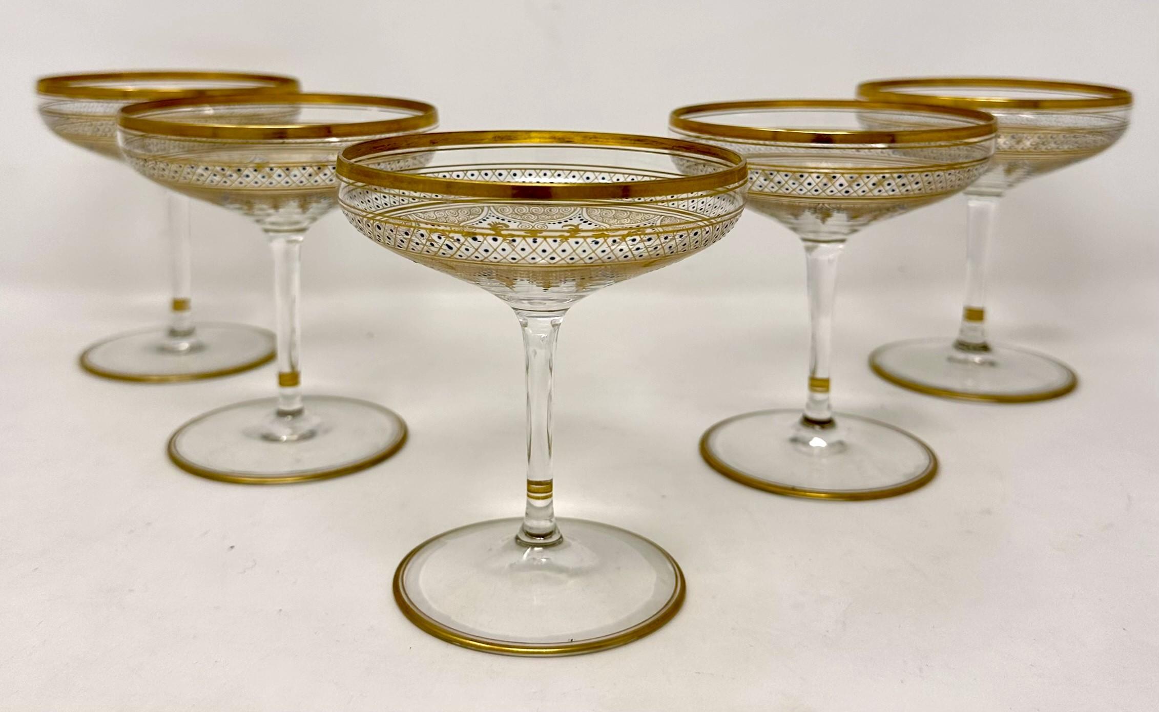Set of 5 Antique Continental Hand-Painted Cut Crystal Champagne Coupes, Circa 1920's.