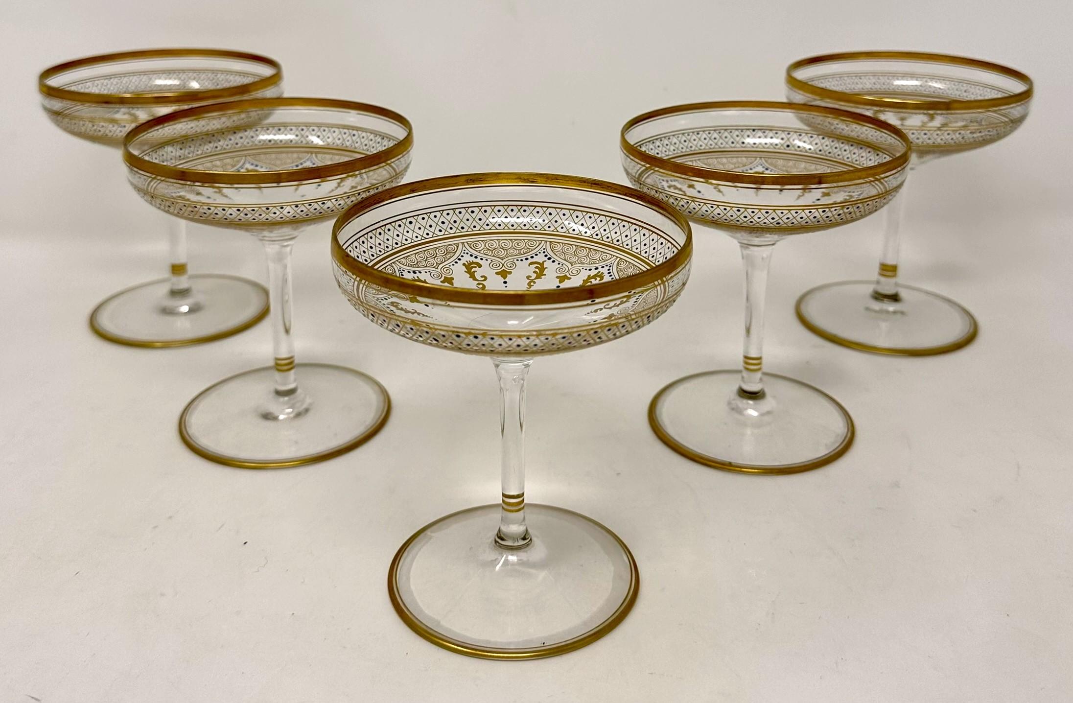 European Set of 5 Antique Continental Hand-Painted Crystal Champagne Coupes, Circa 1920's