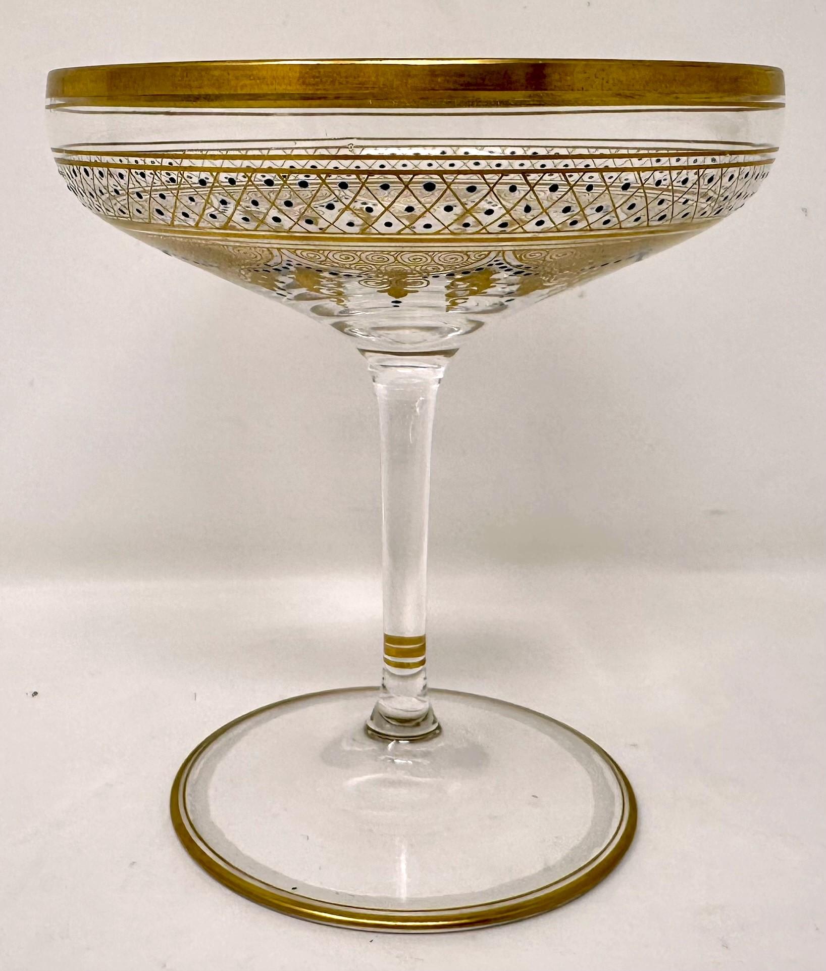 20th Century Set of 5 Antique Continental Hand-Painted Crystal Champagne Coupes, Circa 1920's
