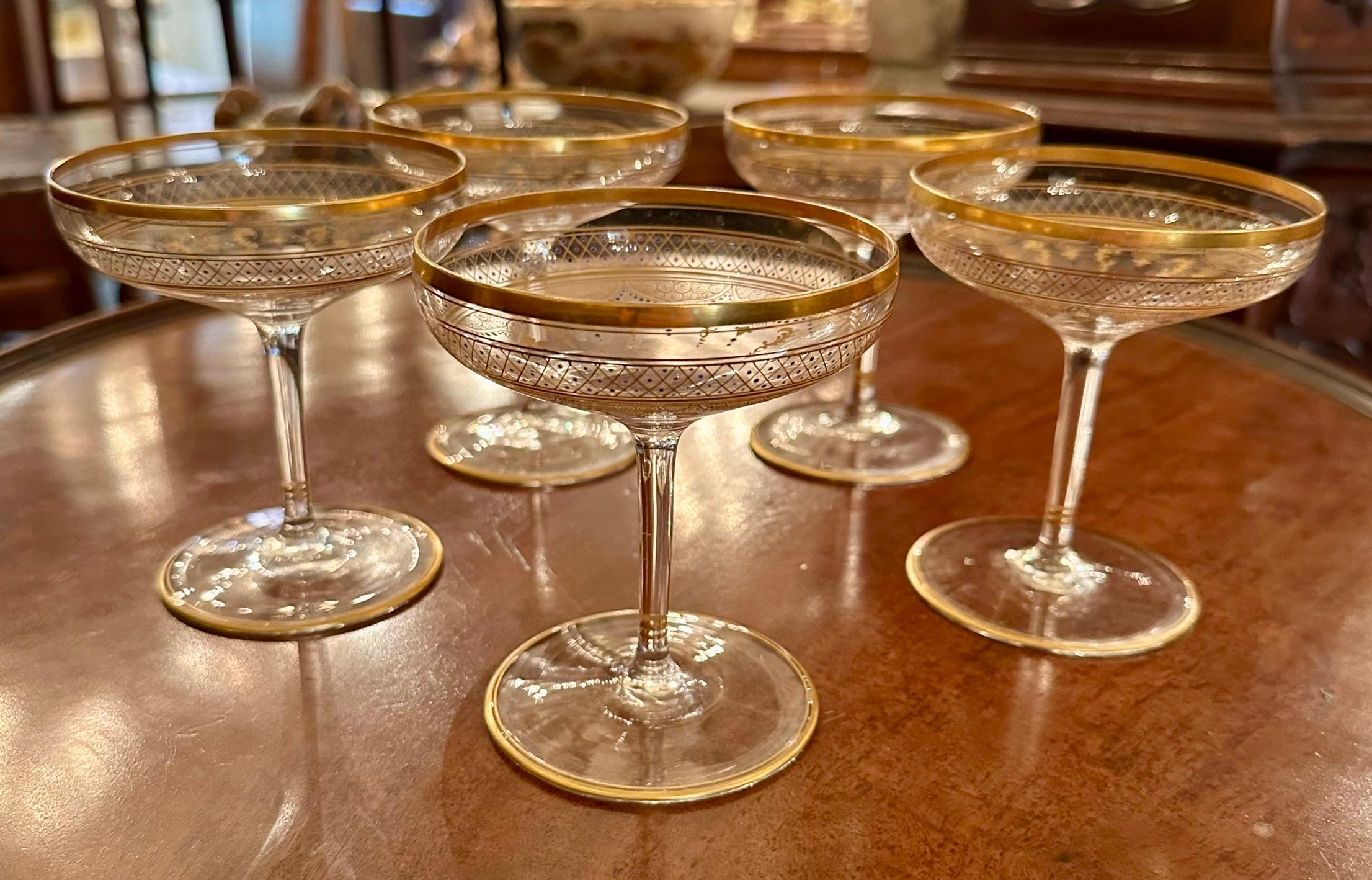 Set of 5 Antique Continental Hand-Painted Crystal Champagne Coupes, Circa 1920's 3
