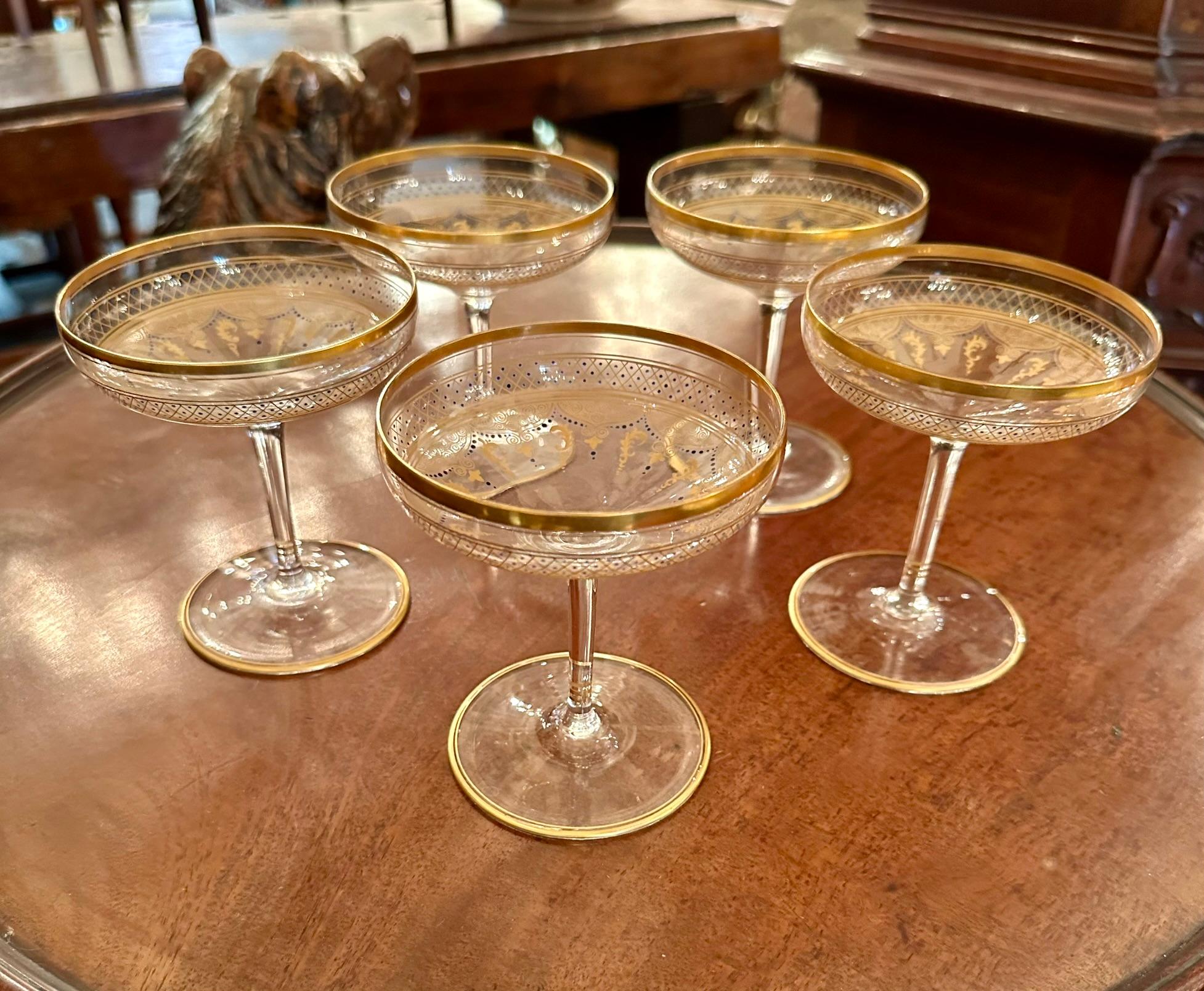 Set of 5 Antique Continental Hand-Painted Crystal Champagne Coupes, Circa 1920's 4