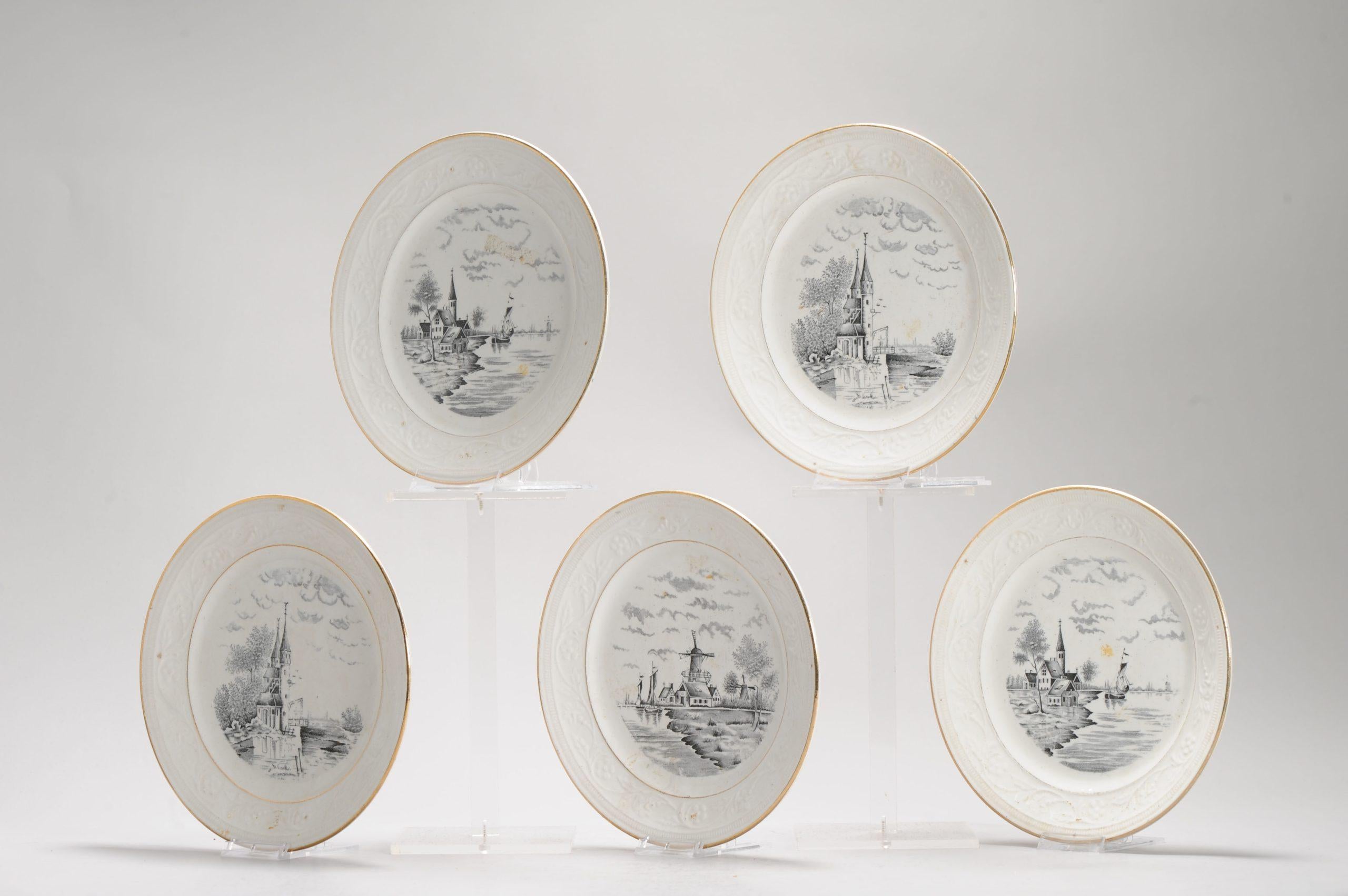Set of 5 Antique European Regout Dishes Maastricht Landscapes, 20th Century In Good Condition For Sale In Amsterdam, Noord Holland