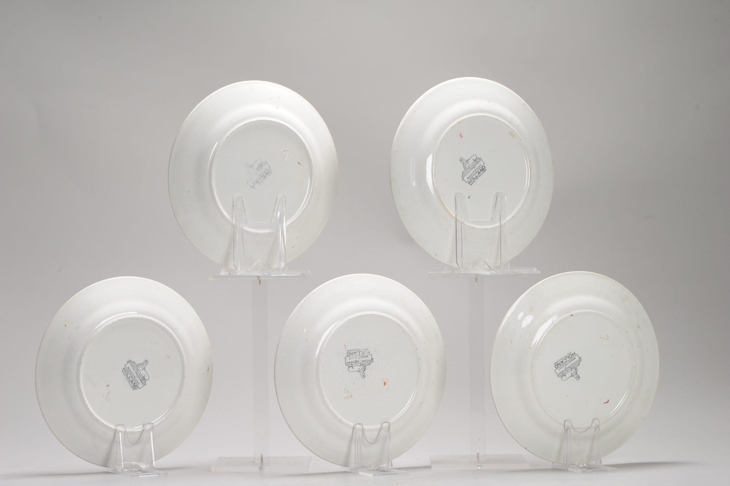 Porcelain Set of 5 Antique European Regout Dishes Maastricht Landscapes, 20th Century For Sale