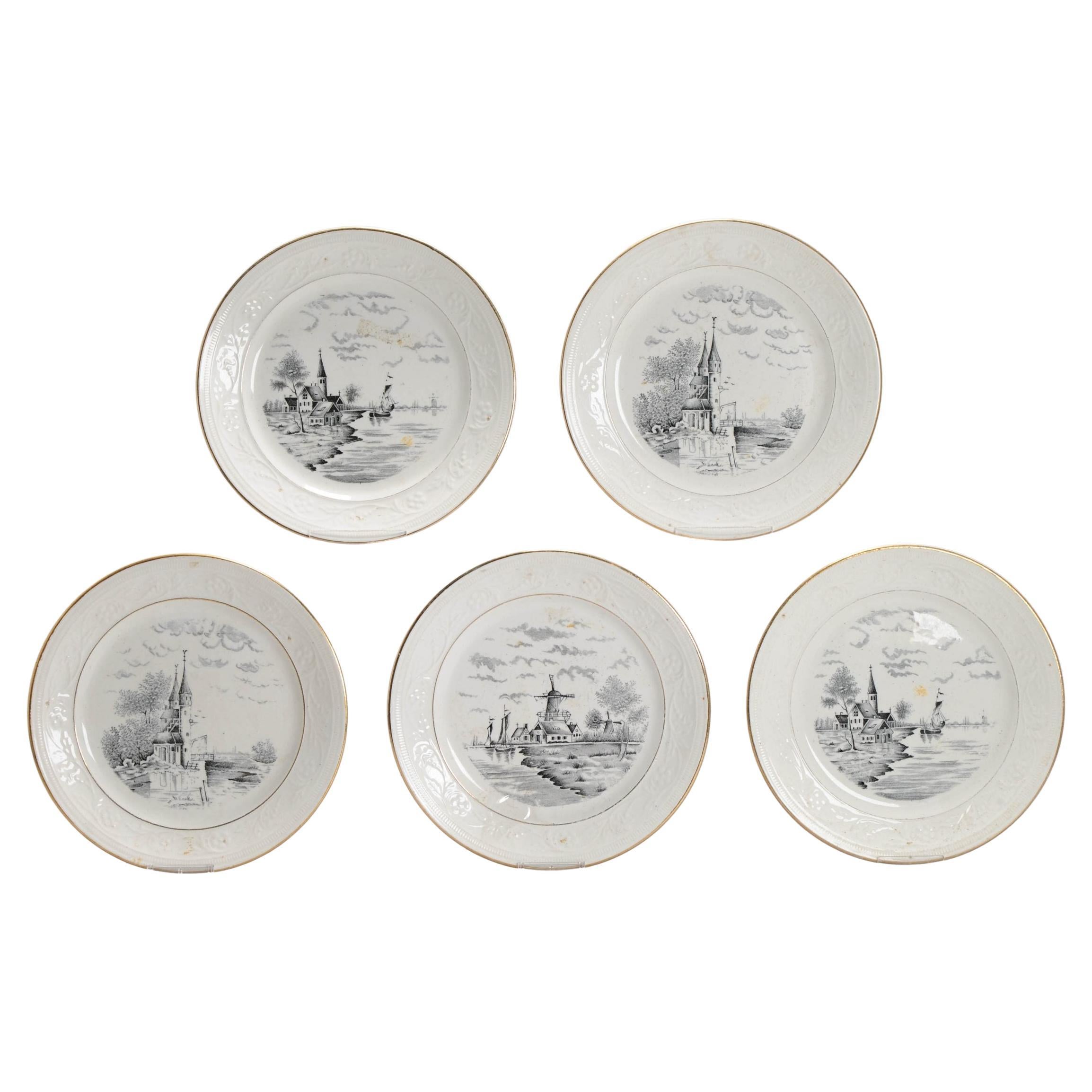 Set of 5 Antique European Regout Dishes Maastricht Landscapes, 20th Century For Sale