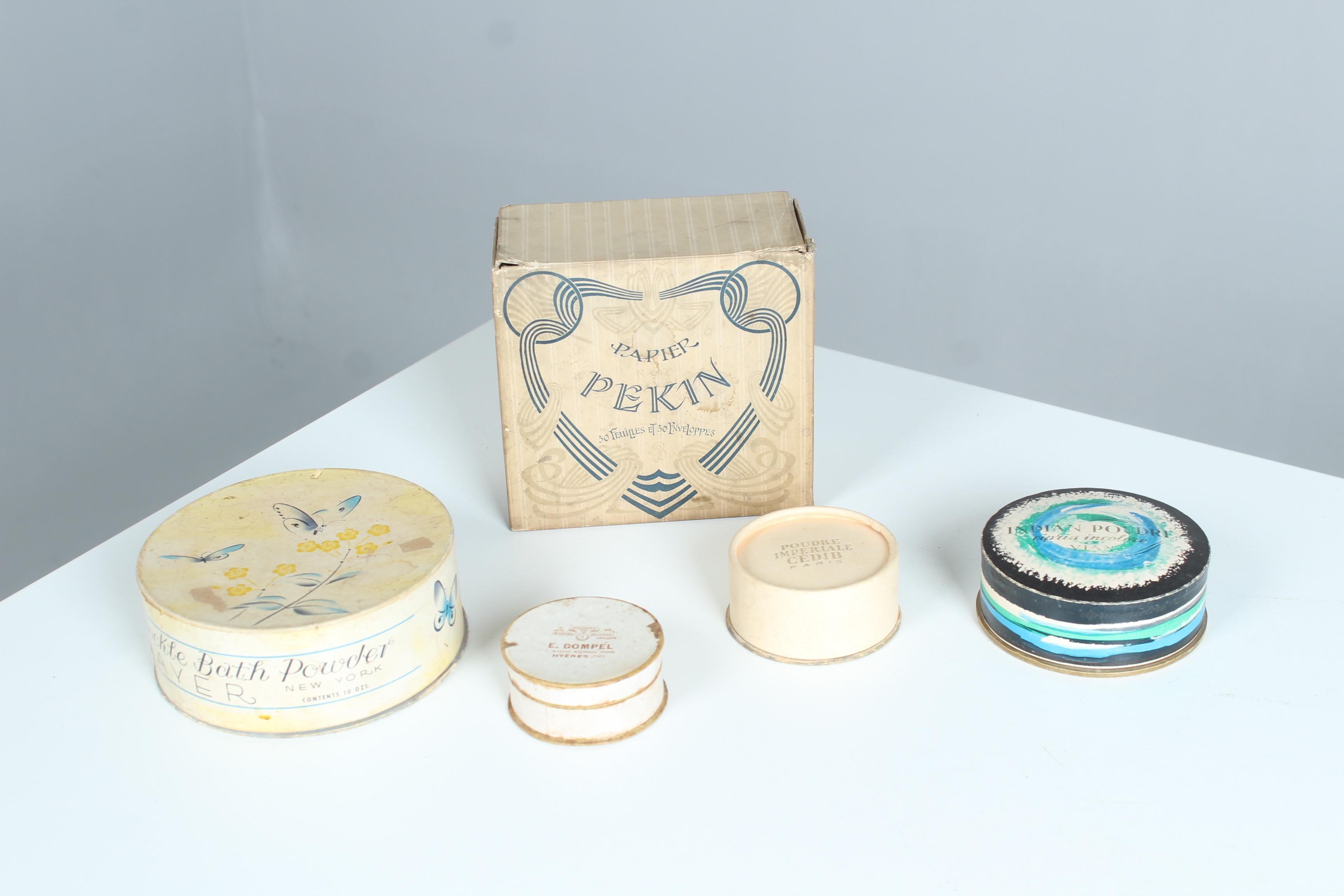Set Of 5 Antique French Paper Boxes, Vintage Cosmetics,  Powder Box, Art Nouveau For Sale 5