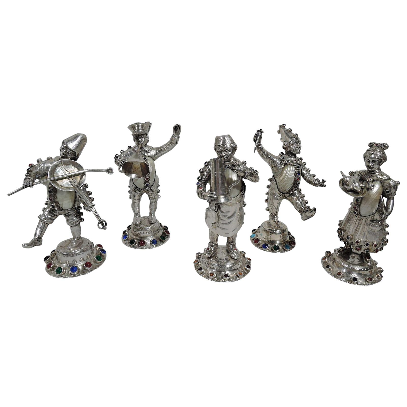Set of 5 Antique German Jeweled Silver and Shell Country Folk Figures