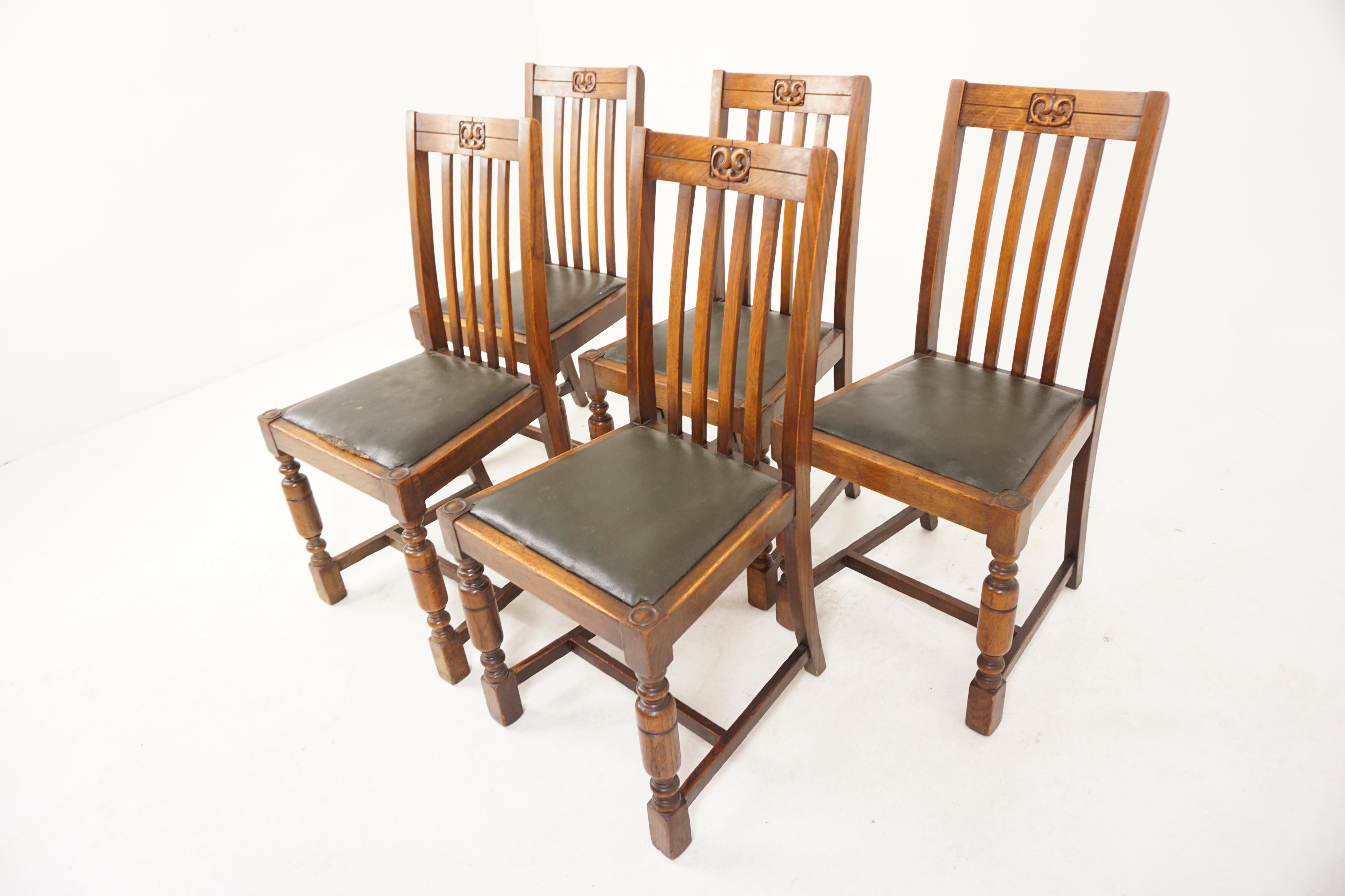 Set of 5 Antique High Back Oak Dining Chairs, Scotland 1920 at 1stDibs