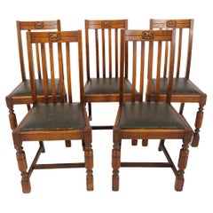 Set of 5 Antique High Back Oak Dining Chairs, Scotland 1920