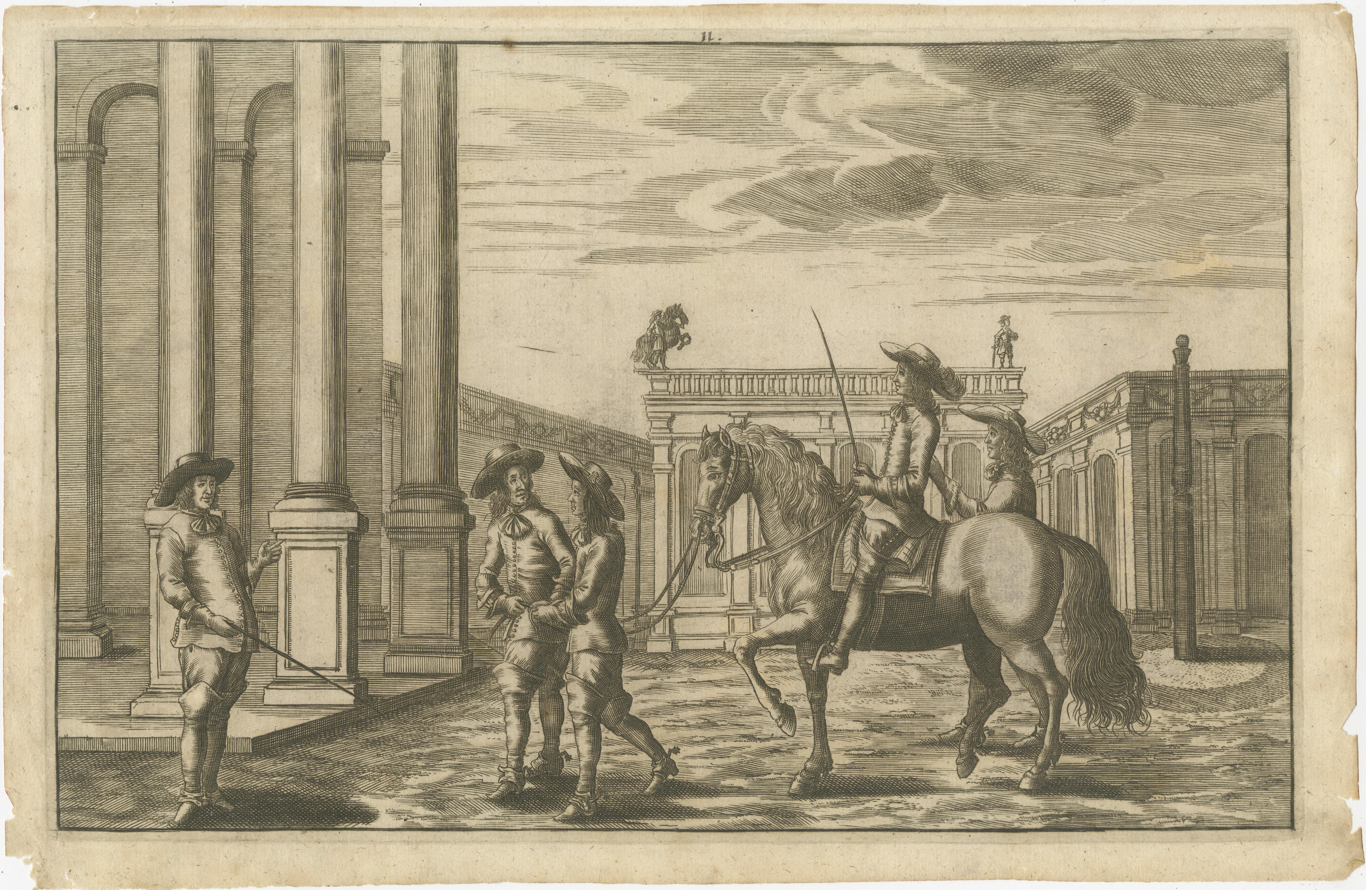 Set of 5 antique horse riding prints. Published circa 1680.