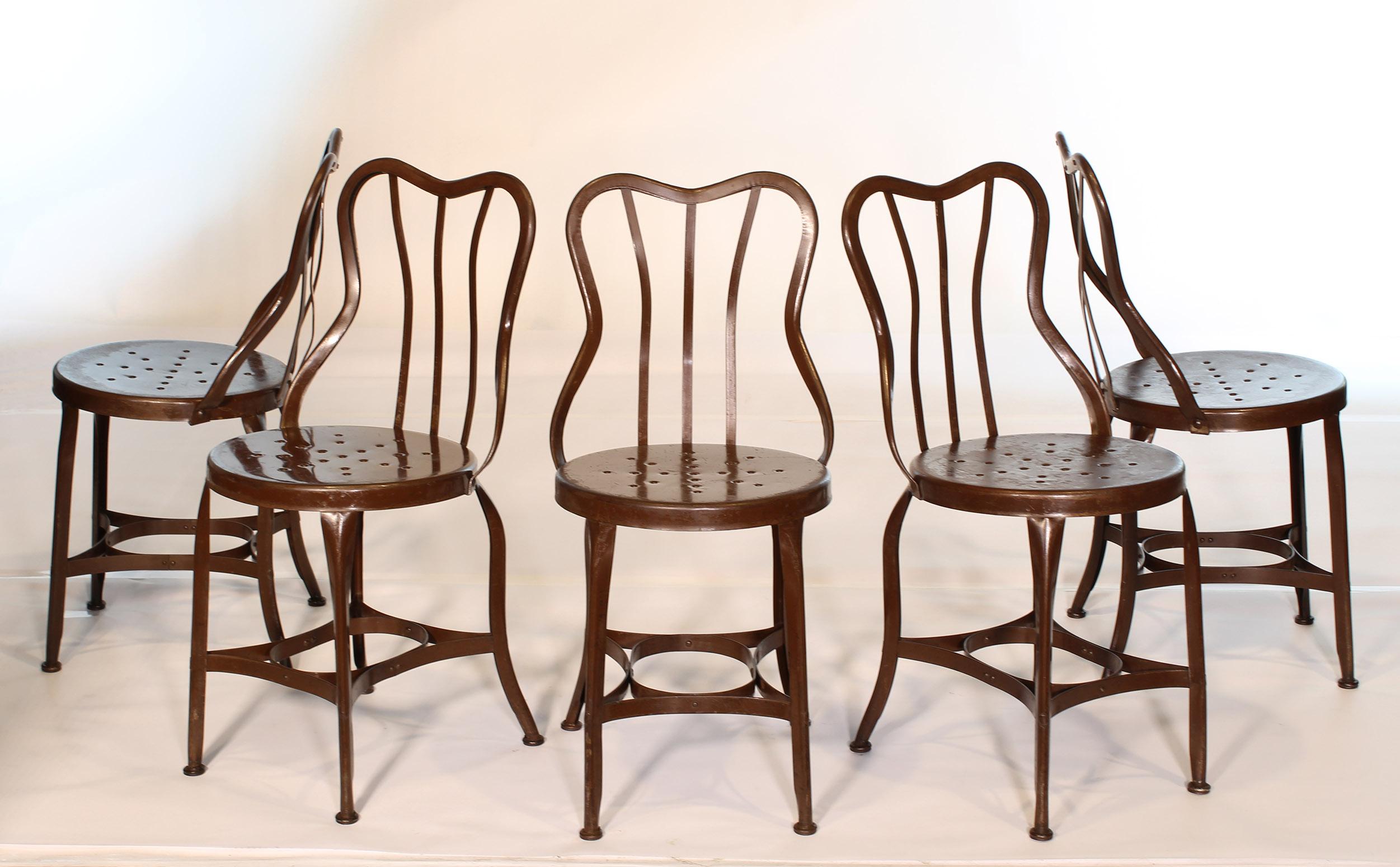 Set of 5 Antique Metal Cafe Chairs by Toledo In Distressed Condition In Oakville, CT