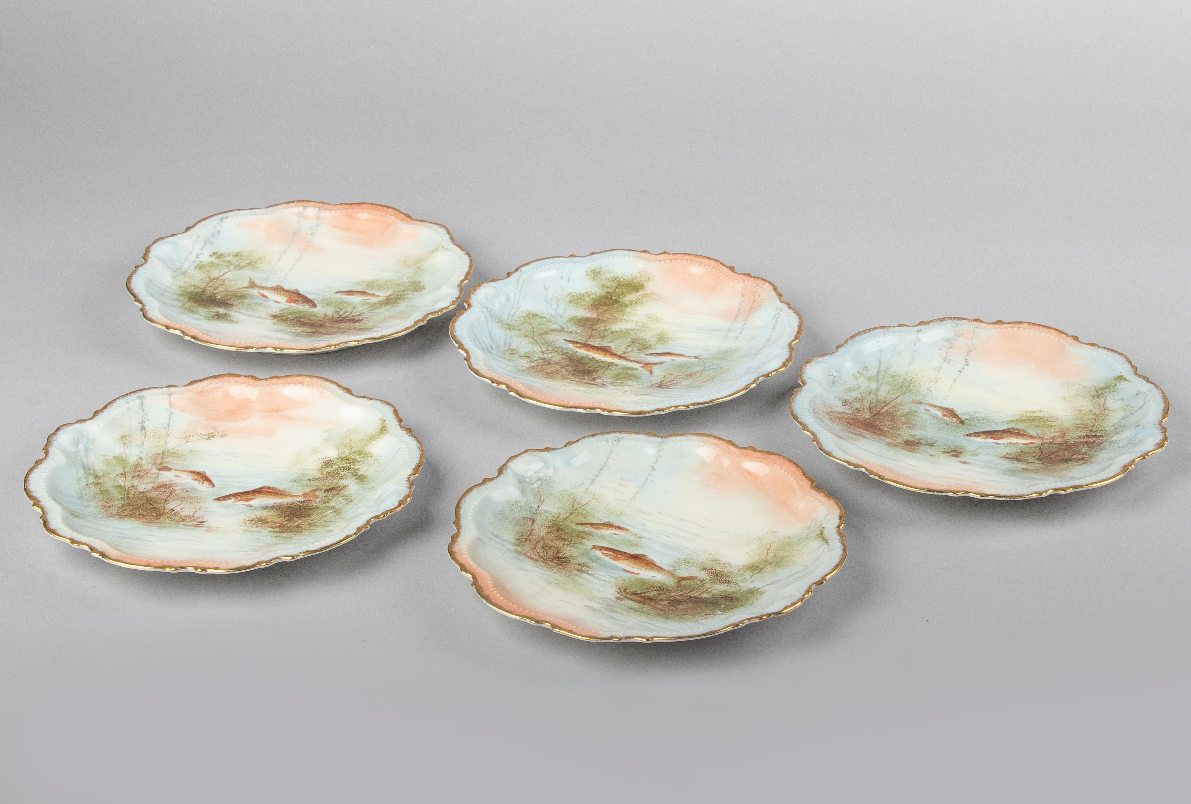 Lot 6 assiettes porcelaine de limoges Nankin décors poisson de riviére 23 cm 