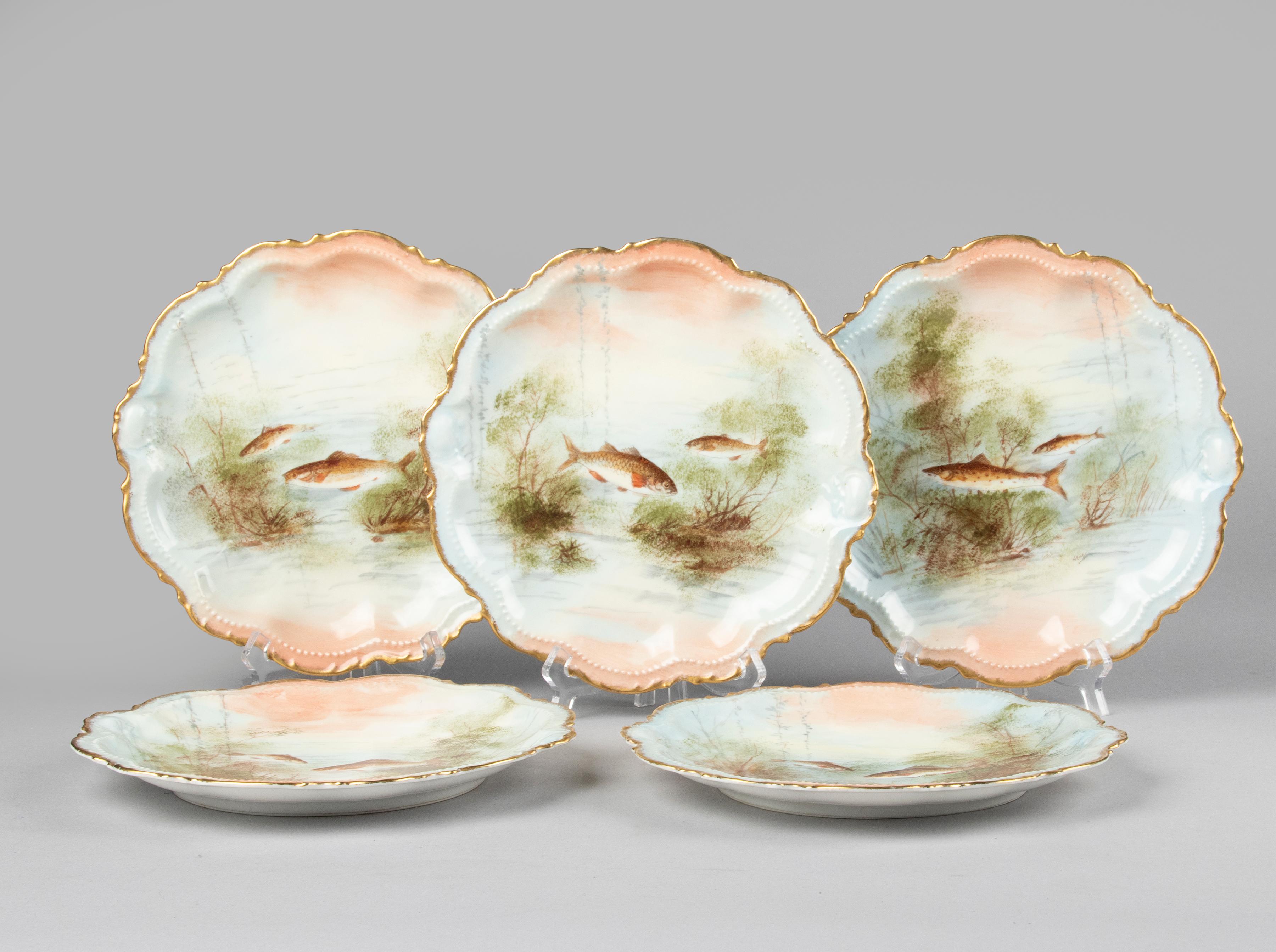 Romantic Set of 5 Antique Porcelain Fish Plates by Limoges