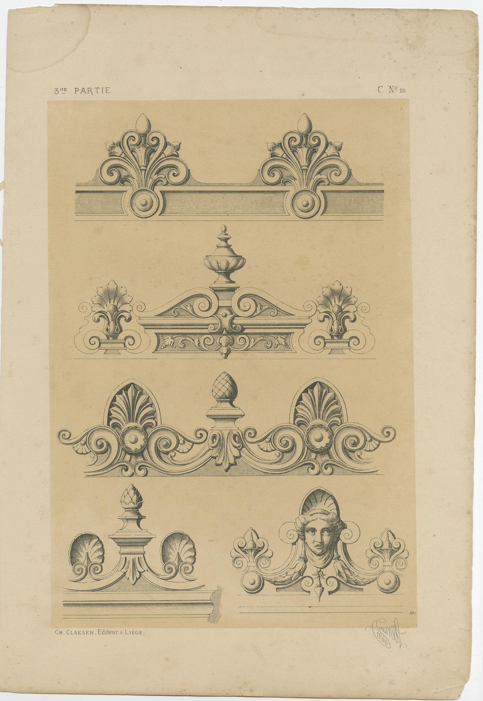 Set of 5 Antique Prints Depicting Various Ornaments by Claesen, circa 1866 In Fair Condition For Sale In Langweer, NL