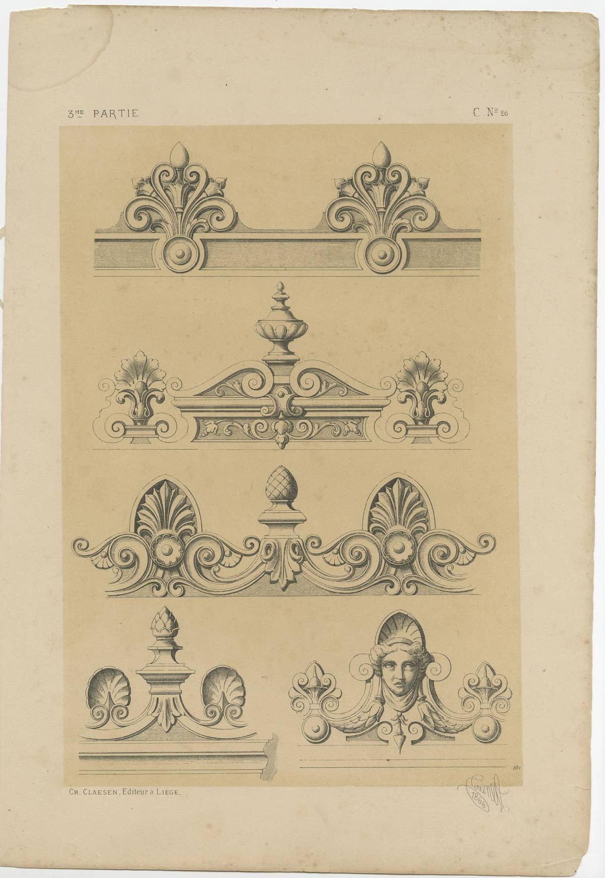 Set of 5 Antique Prints Depicting Various Ornaments by Claesen, circa 1866