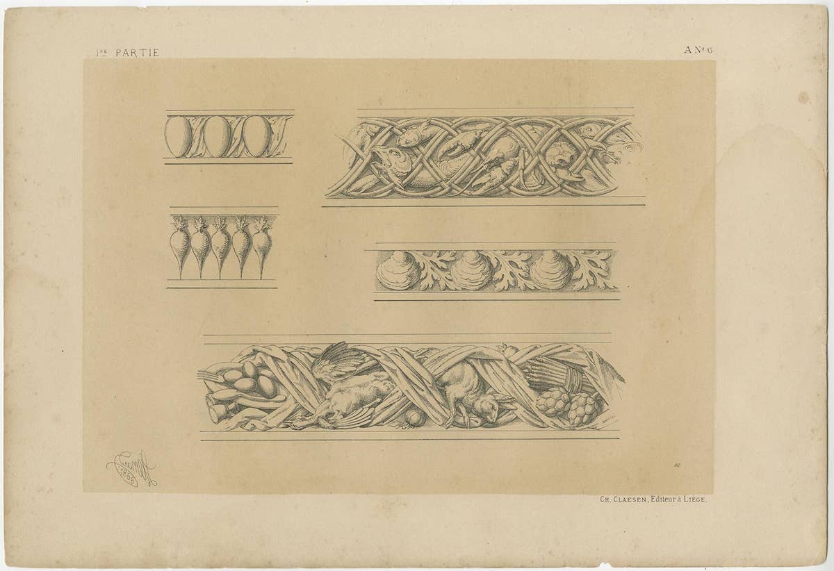 Set of 5 Antique Prints Depicting Various Ornaments by Claesen, circa 1866