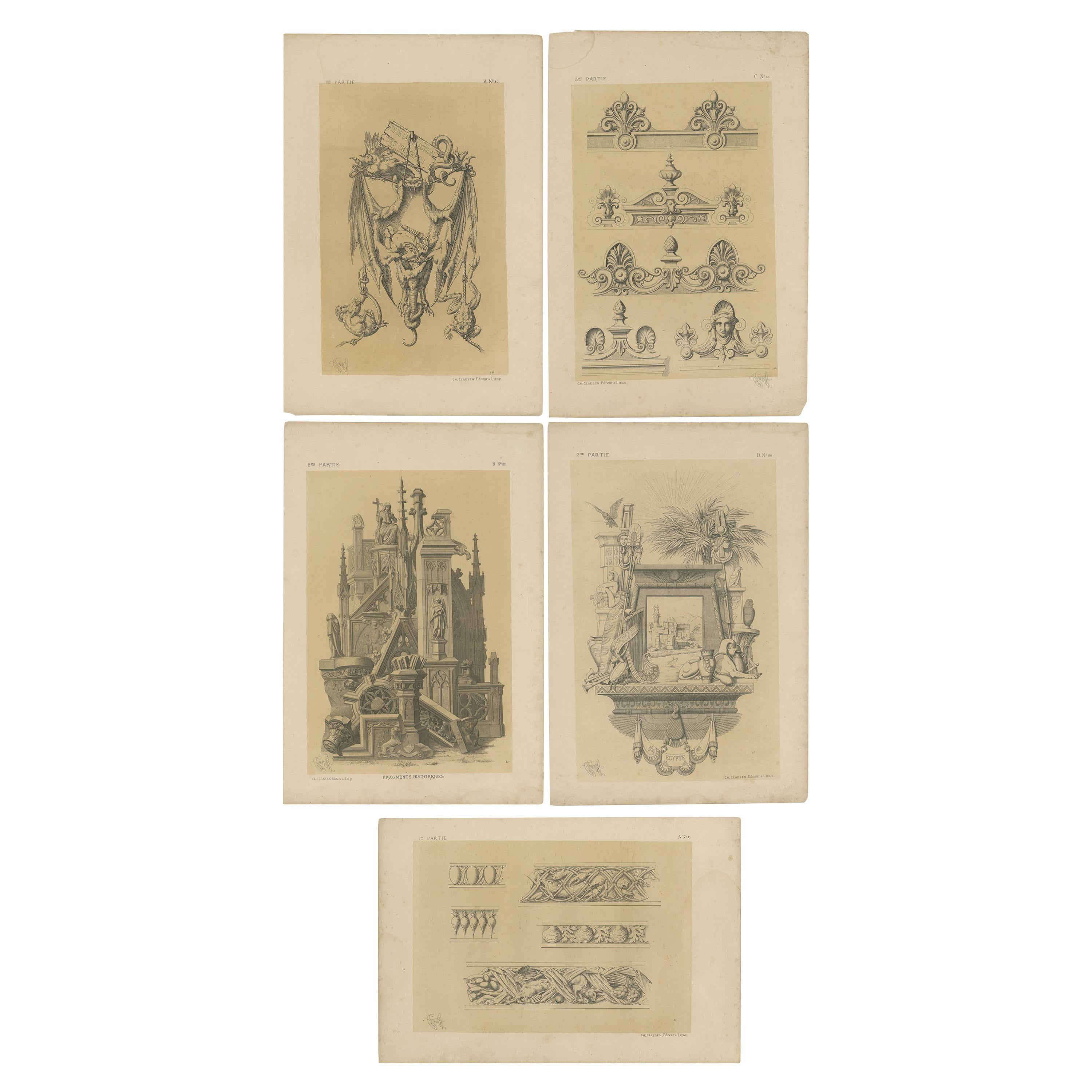 Set of 5 Antique Prints Depicting Various Ornaments by Claesen, circa 1866 For Sale