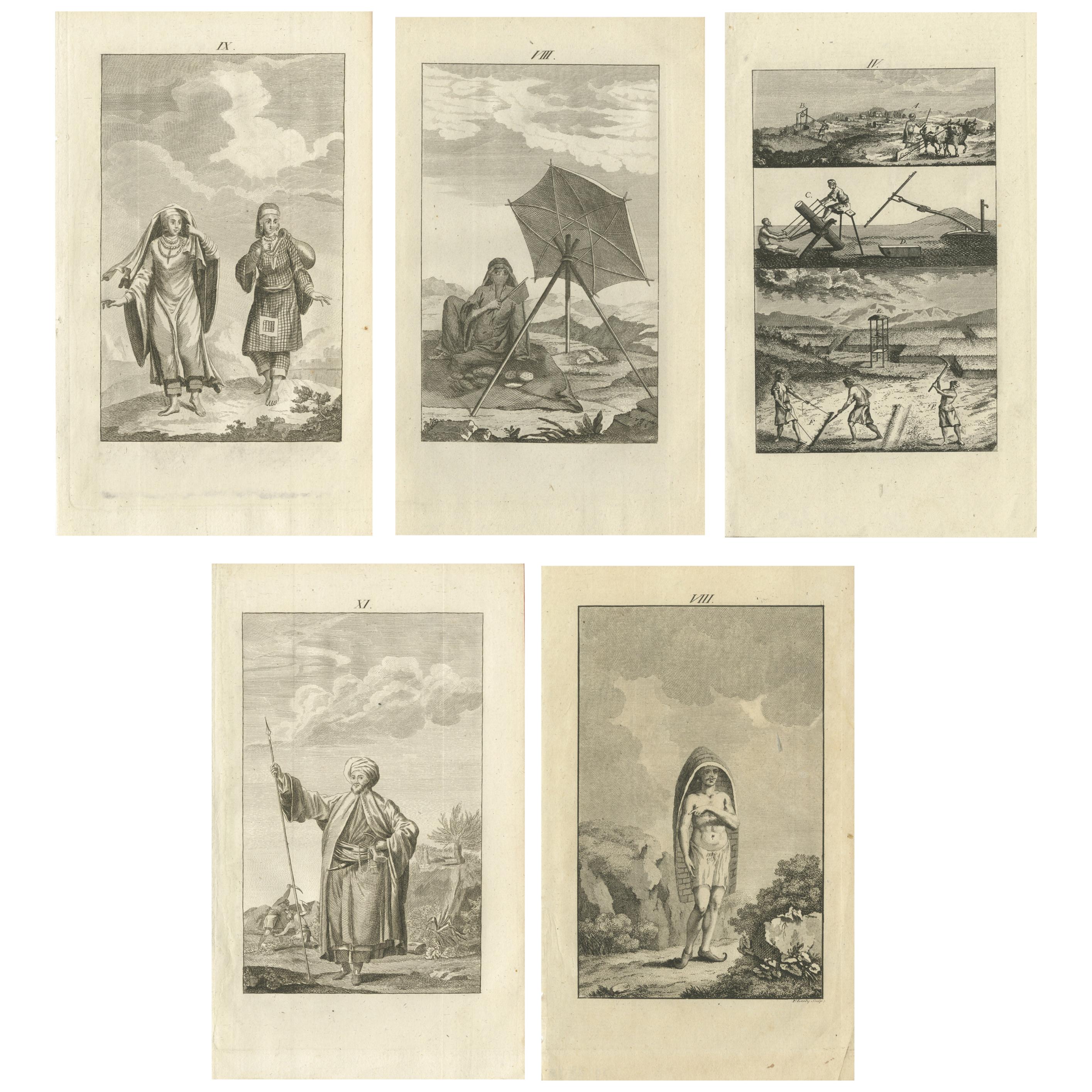 Ensemble de 5 estampes anciennes de costumes arabes, 1780
