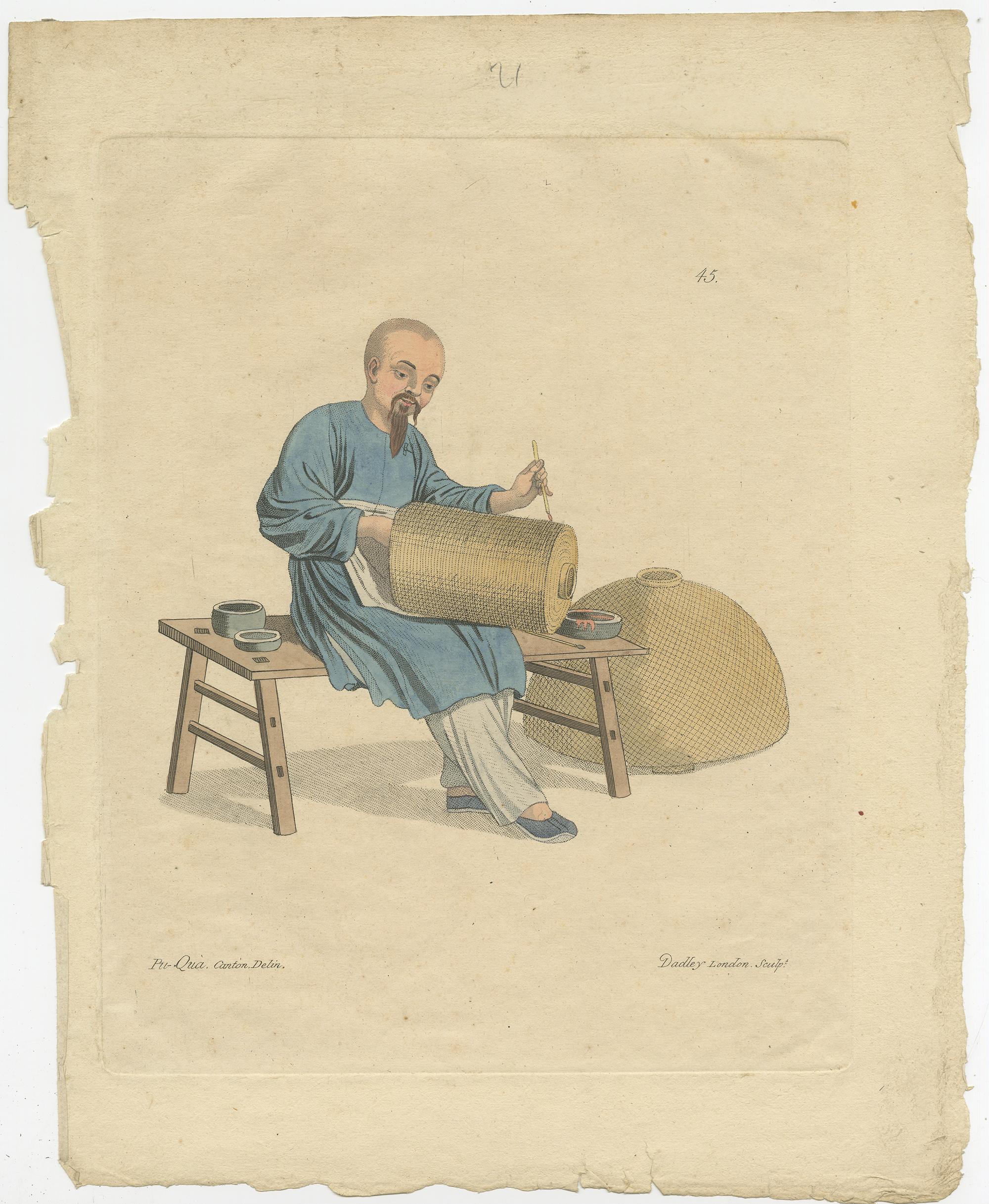 Ensemble de cinq gravures anciennes illustrant diverses professions en Chine, dont un changeur de monnaie, un mendiant, un charpentier, un peintre de lanterne et un attrapeur de serpent. Ces gravures proviennent de 