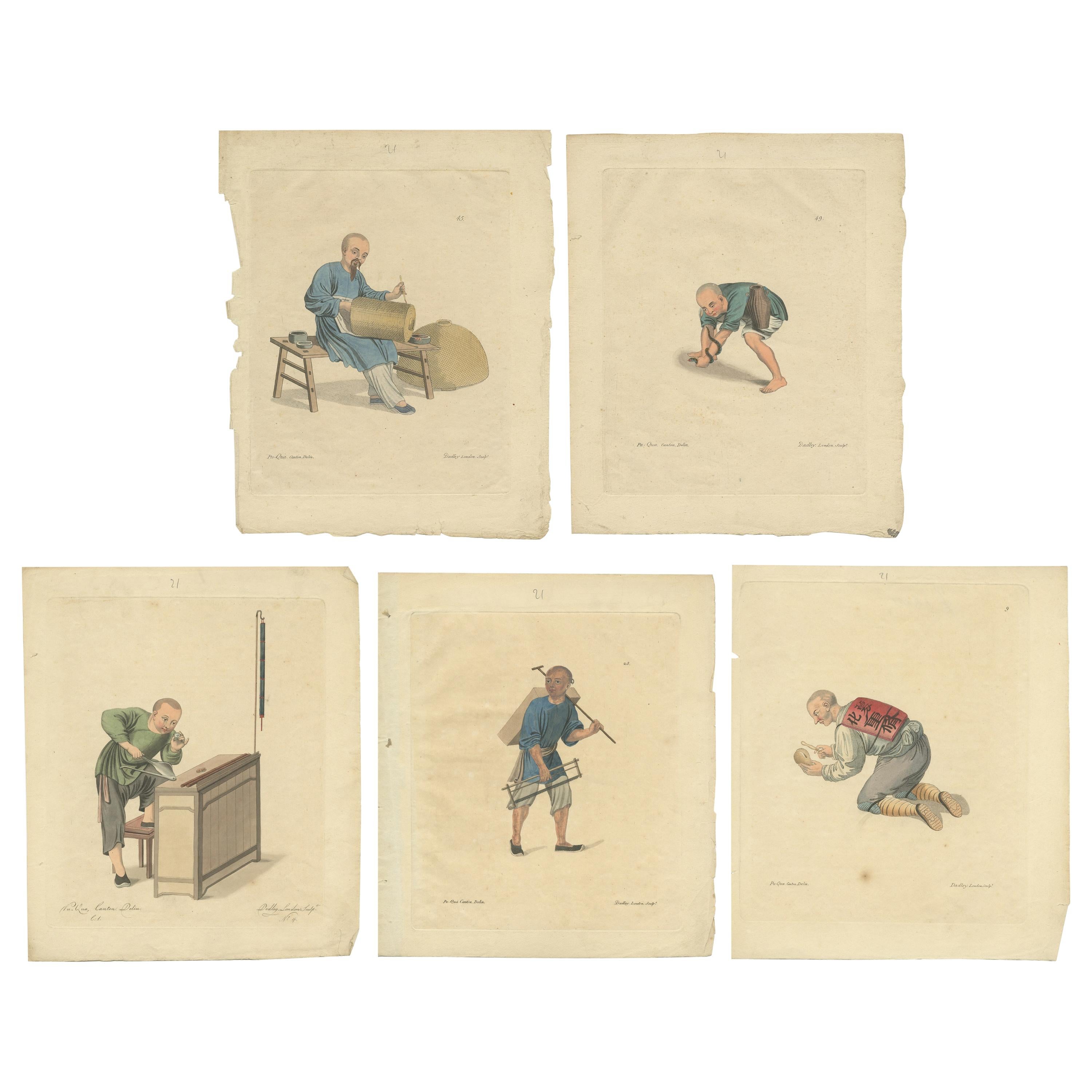Ensemble de 5 estampes anciennes de professions en Chine par Dadley, datant d'environ 1810